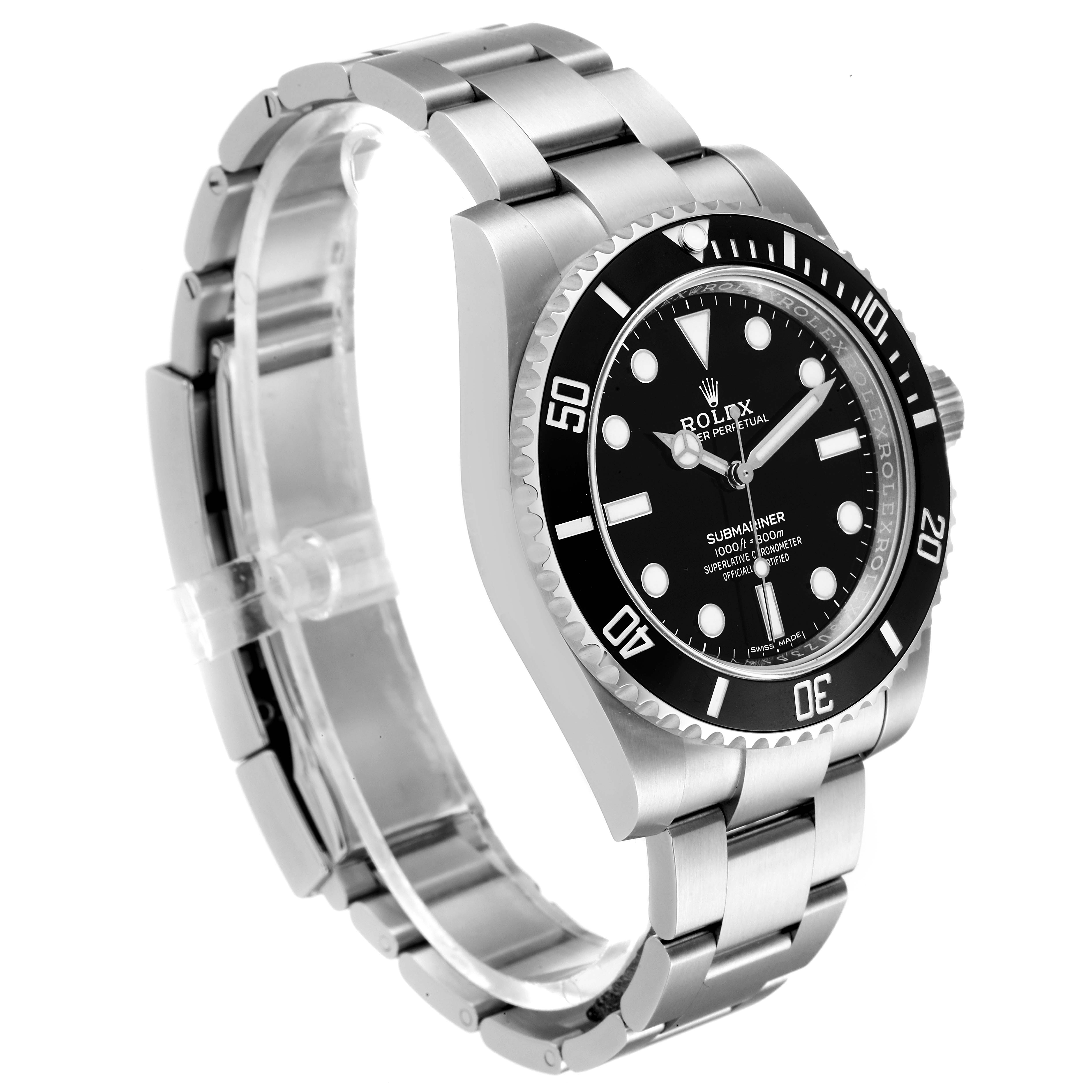 The image shows a side angle view of the Rolex Submariner 114060 Men
s Stainless Steel Black Dial 114060 Men
s Stainless Steel Black Dial watch, featuring the black dial, bezel, and metal bracelet.