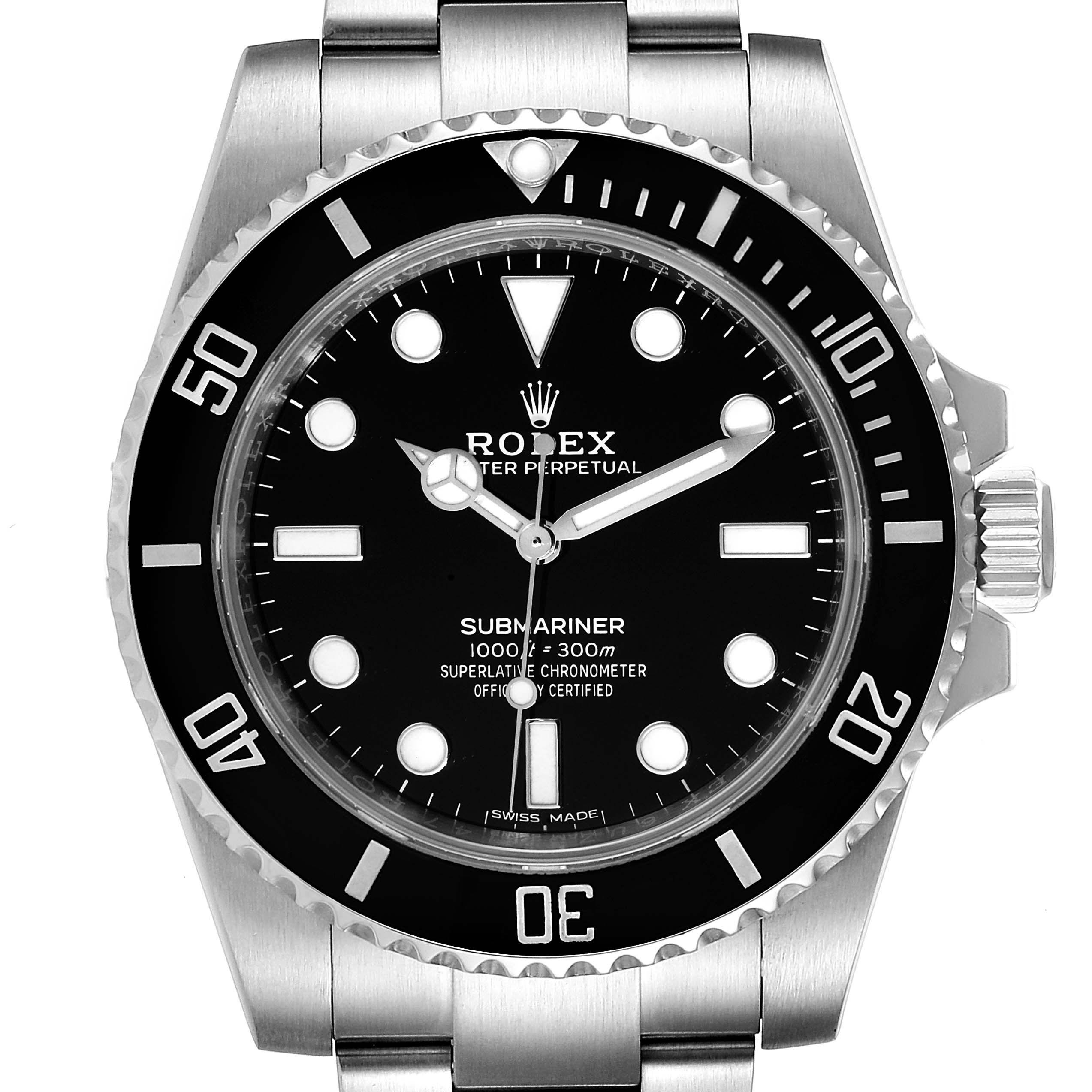 This image shows a front view of a Rolex Submariner 114060 Men
s Stainless Steel Black Dial 114060 Men
s Stainless Steel Black Dial watch, displaying the dial, bezel, and part of the bracelet.
