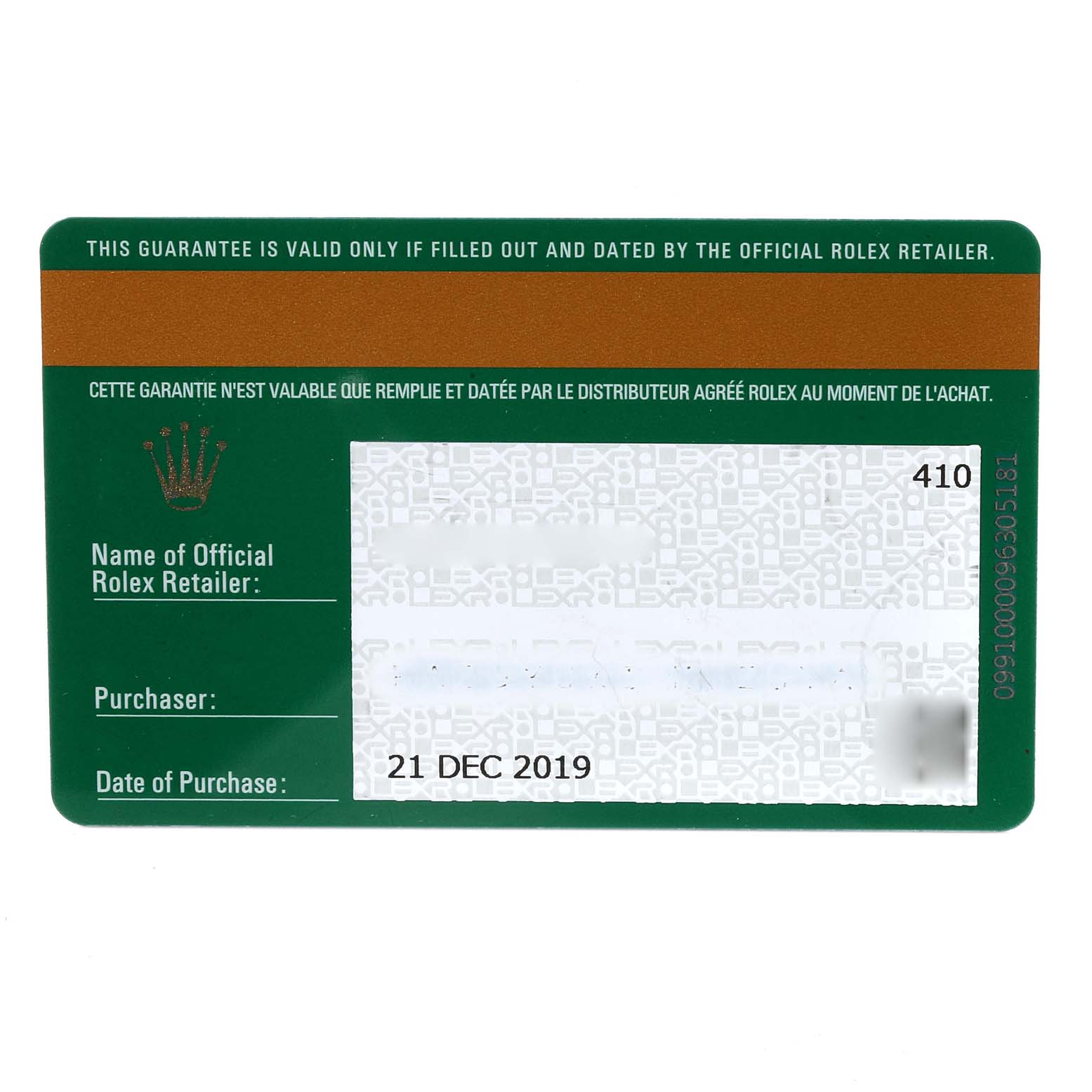 The image shows a green and white guarantee card for a Rolex Submariner 114060 Men
s Stainless Steel Black Dial 114060 Men
s Stainless Steel Black Dial watch, detailing the retailer, purchaser, and date of purchase.