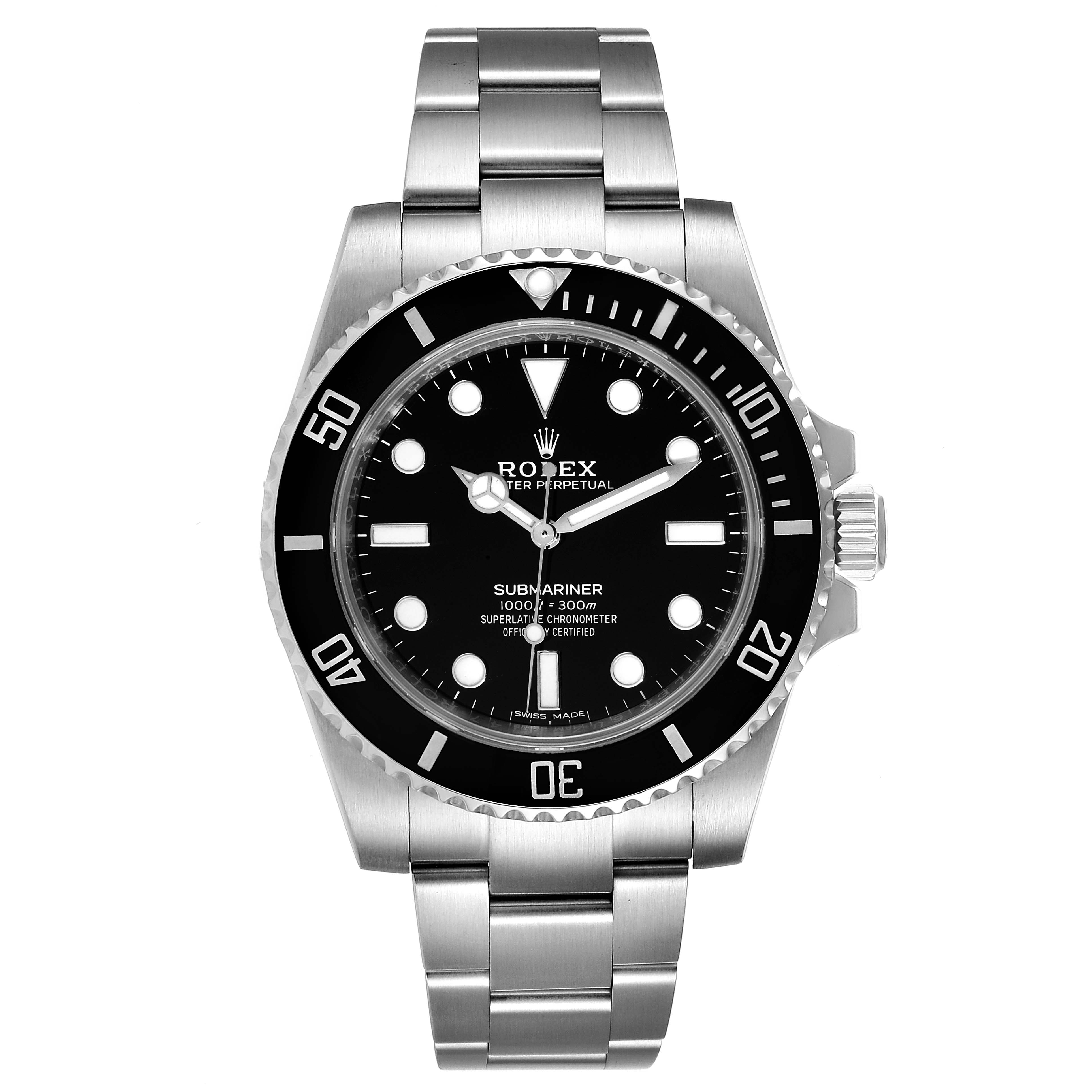The image shows a front view of a Rolex Submariner 114060 Men
s Stainless Steel Black Dial 114060 Men
s Stainless Steel Black Dial watch, displaying its dial, bezel, and bracelet.