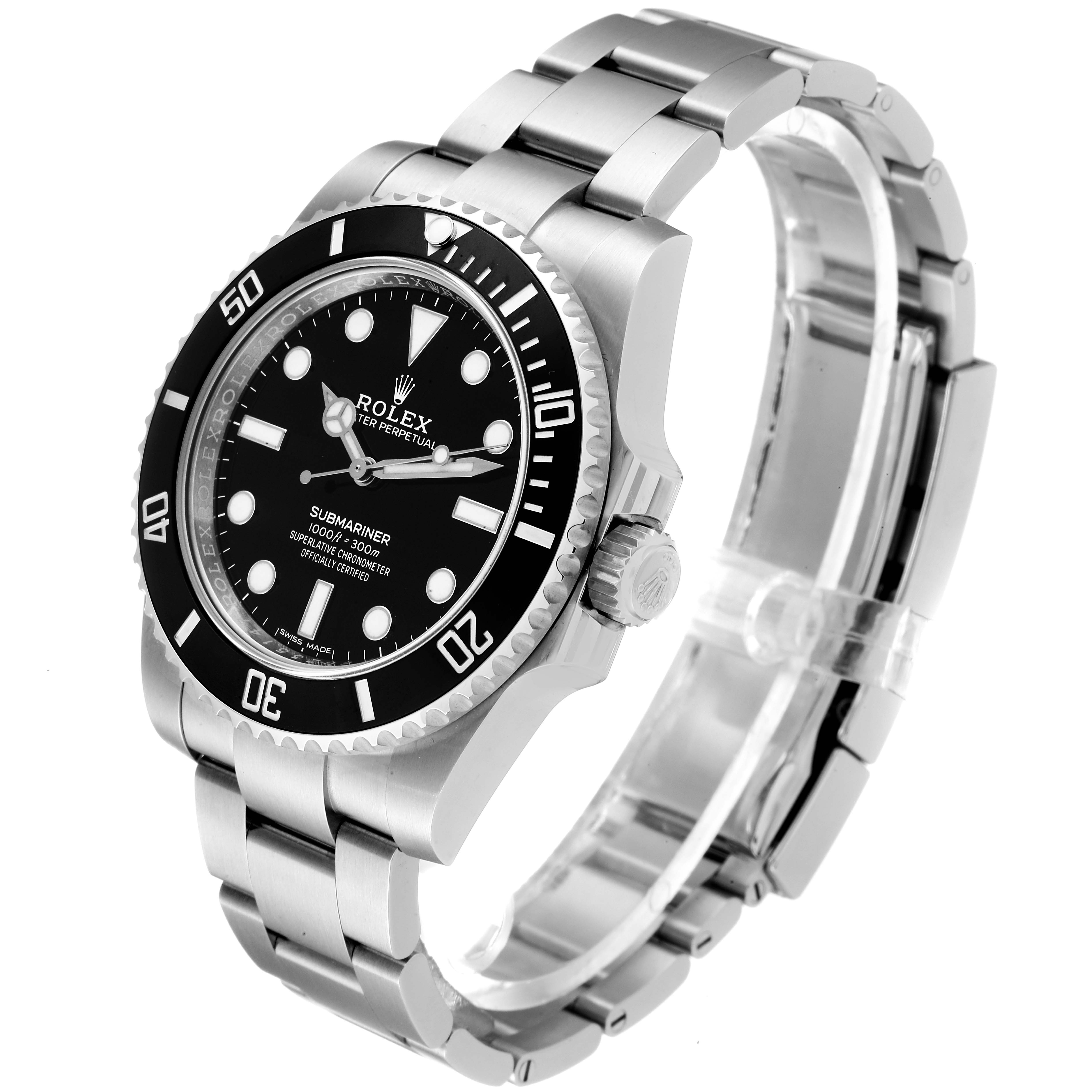 The image shows a side angle of the Rolex Submariner 114060 Men
s Stainless Steel Black Dial 114060 Men
s Stainless Steel Black Dial, displaying the face, bezel, crown, and bracelet.