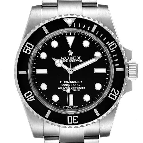 This image shows a frontal view of the Rolex Submariner watch, displaying the dial, bezel, and part of the bracelet.