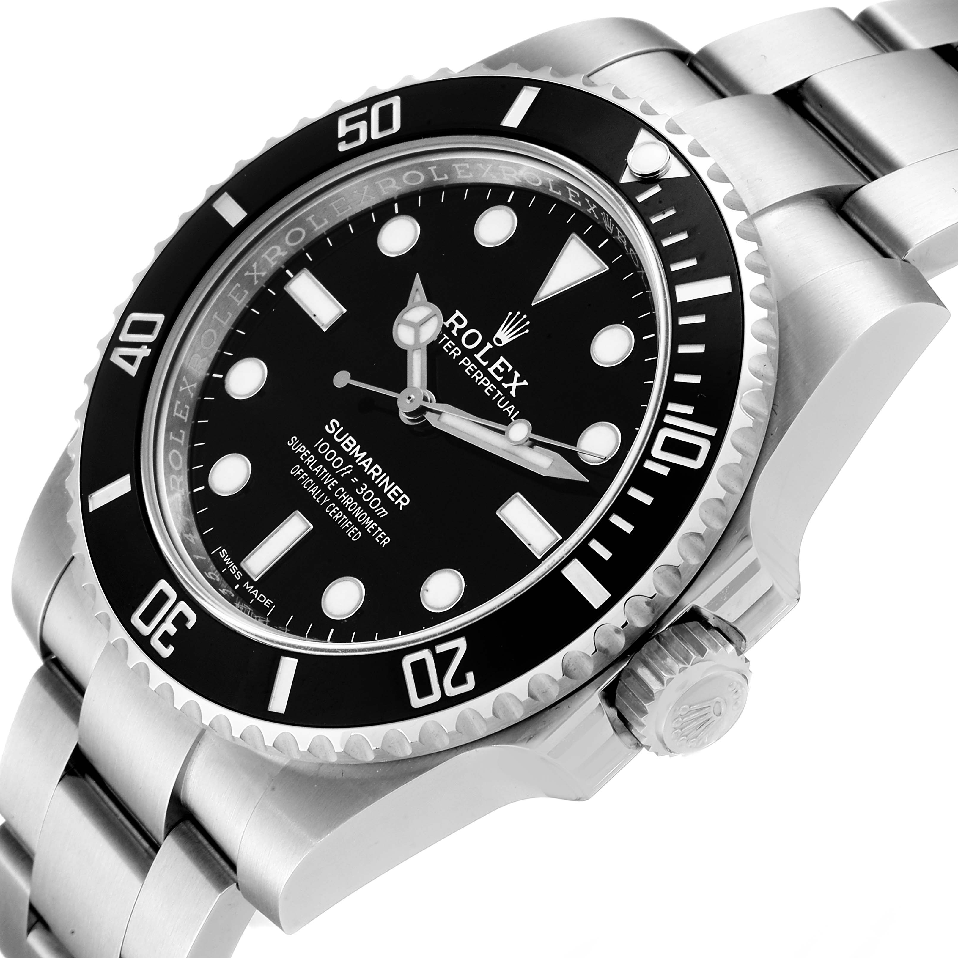 The image shows a close-up, angled view of the Rolex Submariner 114060 Men
s Stainless Steel Black Dial 114060 Men
s Stainless Steel Black Dial watch, highlighting the face, bezel, and bracelet.
