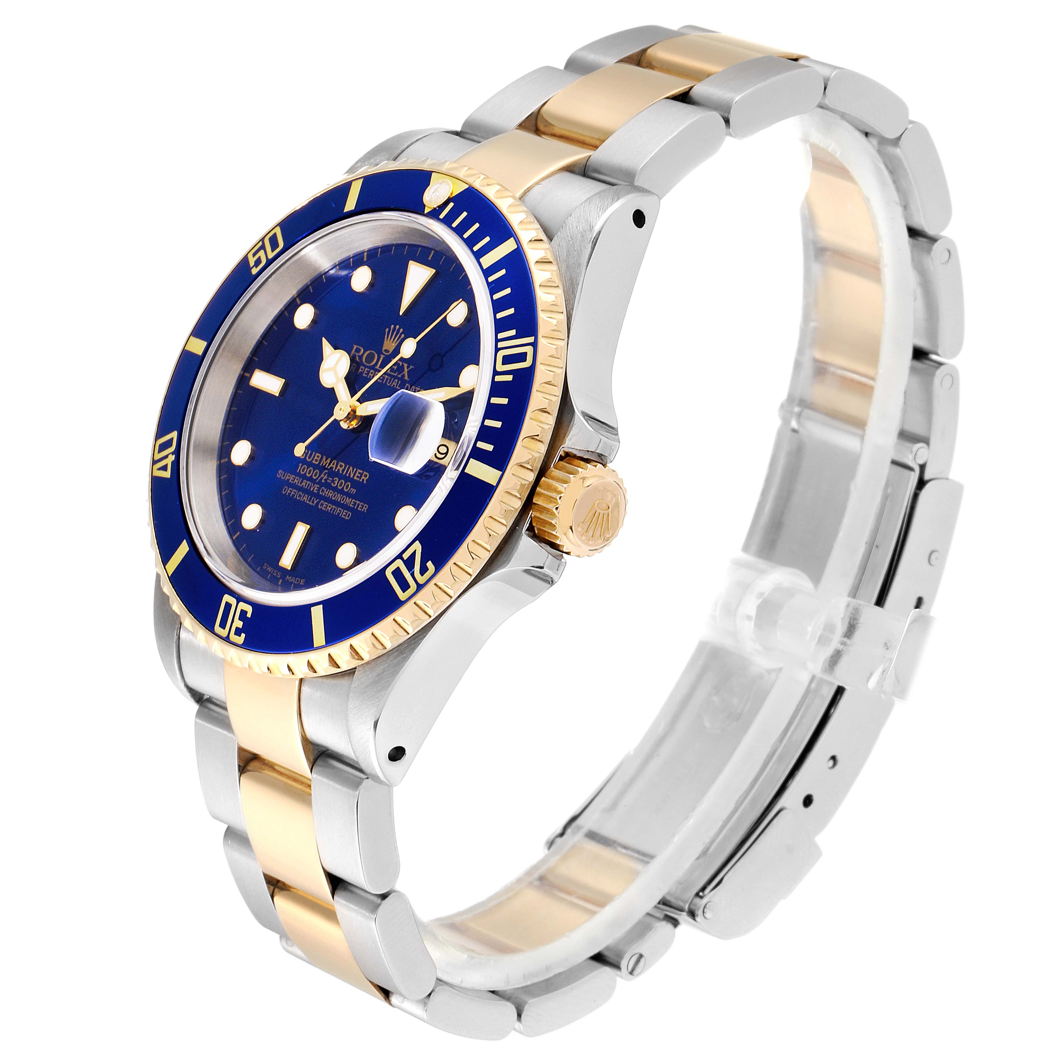 This image shows a Rolex Submariner 16613 Men's Steel and Gold (two tone) Blue Dial 16613 Men's Steel and Gold (two tone) Blue Dial watch angled slightly from the front, highlighting the face, bezel, crown, and bracelet.