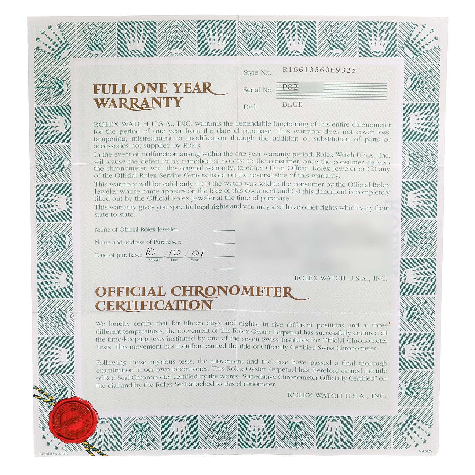 This image shows an official warranty and certification document for the Rolex Submariner 16613 Men's Steel and Gold (two tone) Blue Dial 16613 Men's Steel and Gold (two tone) Blue Dial watch model.