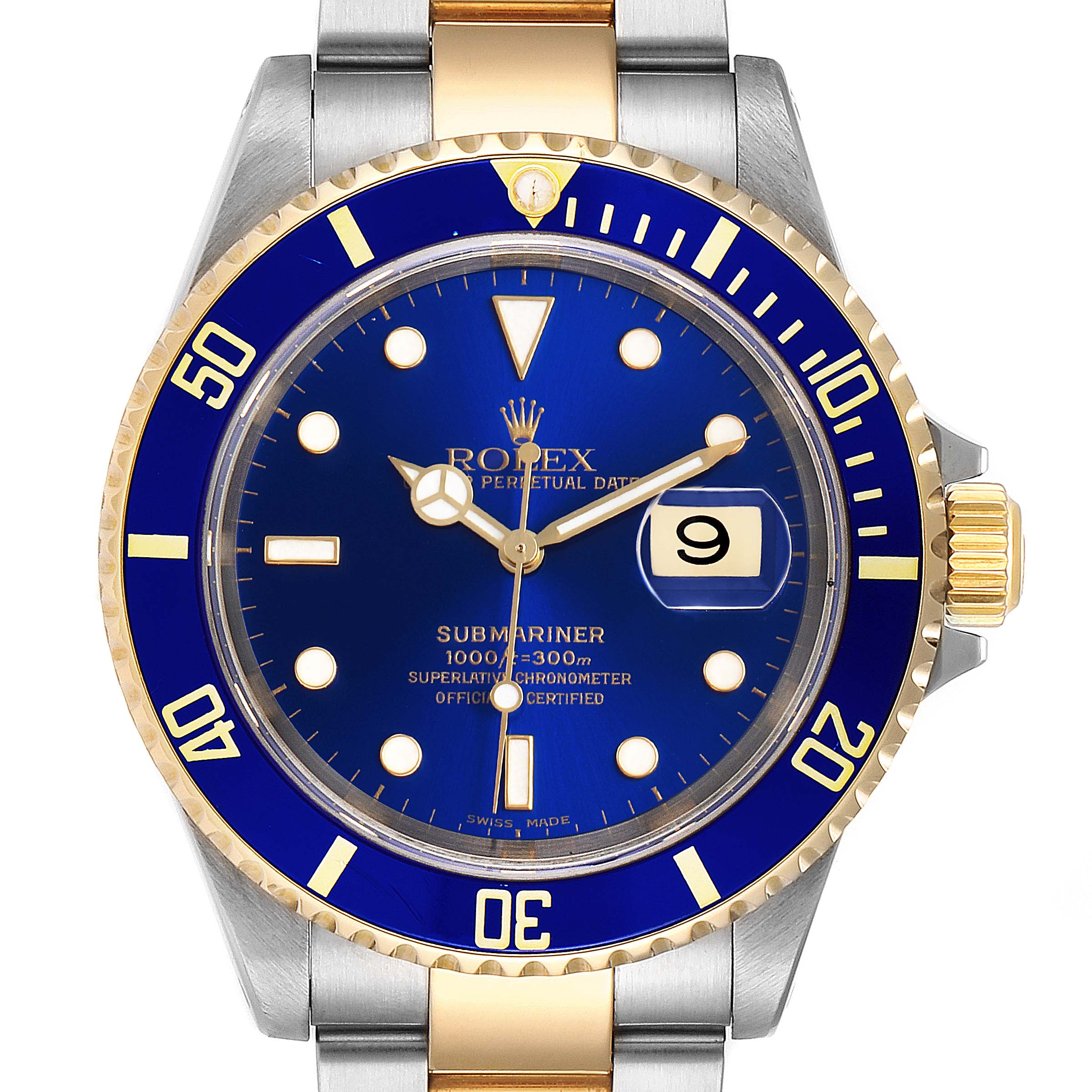 This image shows a front view of a Rolex Submariner 16613 Men's Steel and Gold (two tone) Blue Dial 16613 Men's Steel and Gold (two tone) Blue Dial watch featuring a blue dial and bezel with a two-tone metal bracelet.