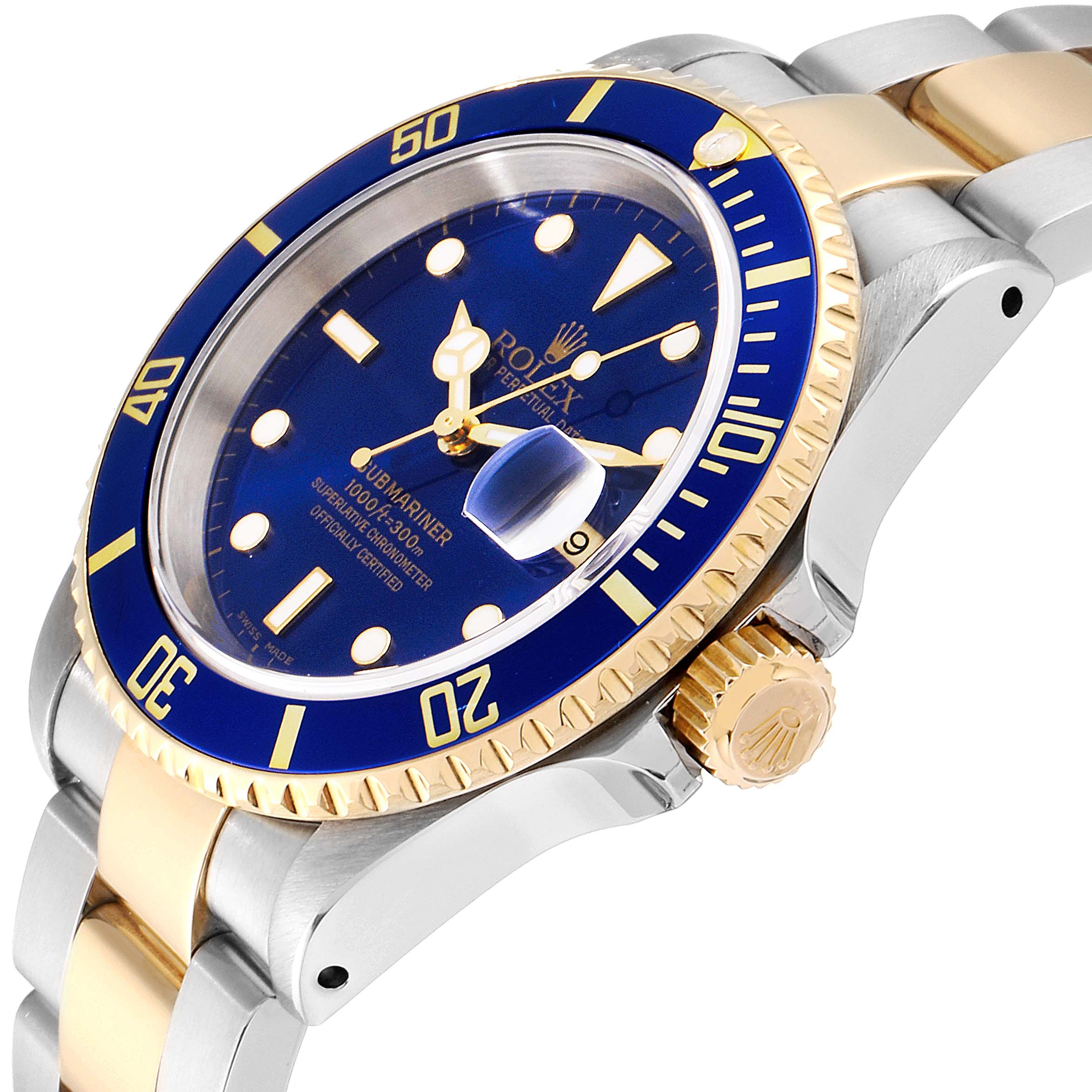 The image shows a close-up angle of a Rolex Submariner 16613 Men's Steel and Gold (two tone) Blue Dial 16613 Men's Steel and Gold (two tone) Blue Dial watch, highlighting its blue dial, bezel, and two-tone bracelet.