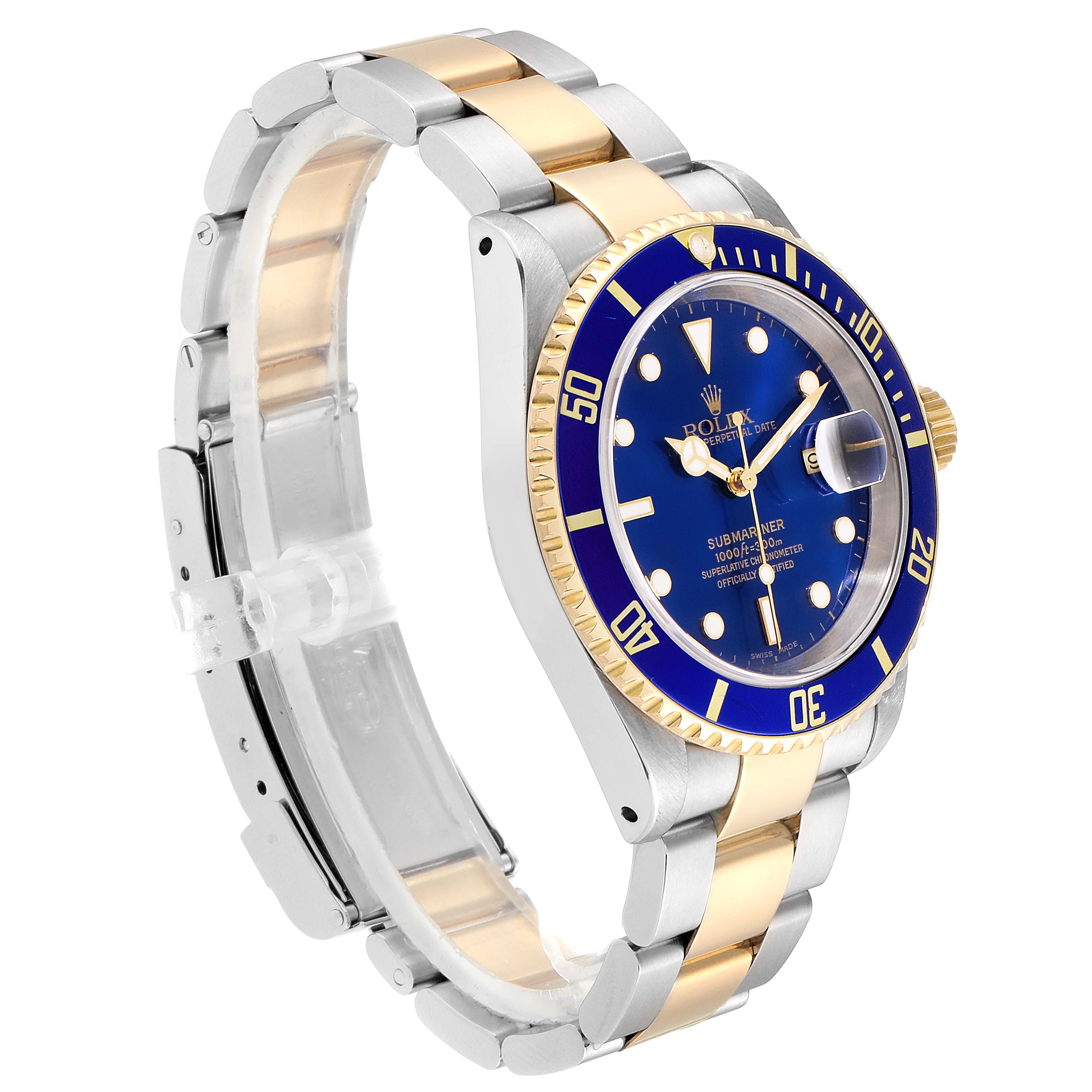 This is a side angle view of a Rolex Submariner 16613 Men's Steel and Gold (two tone) Blue Dial 16613 Men's Steel and Gold (two tone) Blue Dial watch, showing its stainless steel and gold bracelet, blue bezel, and dial.