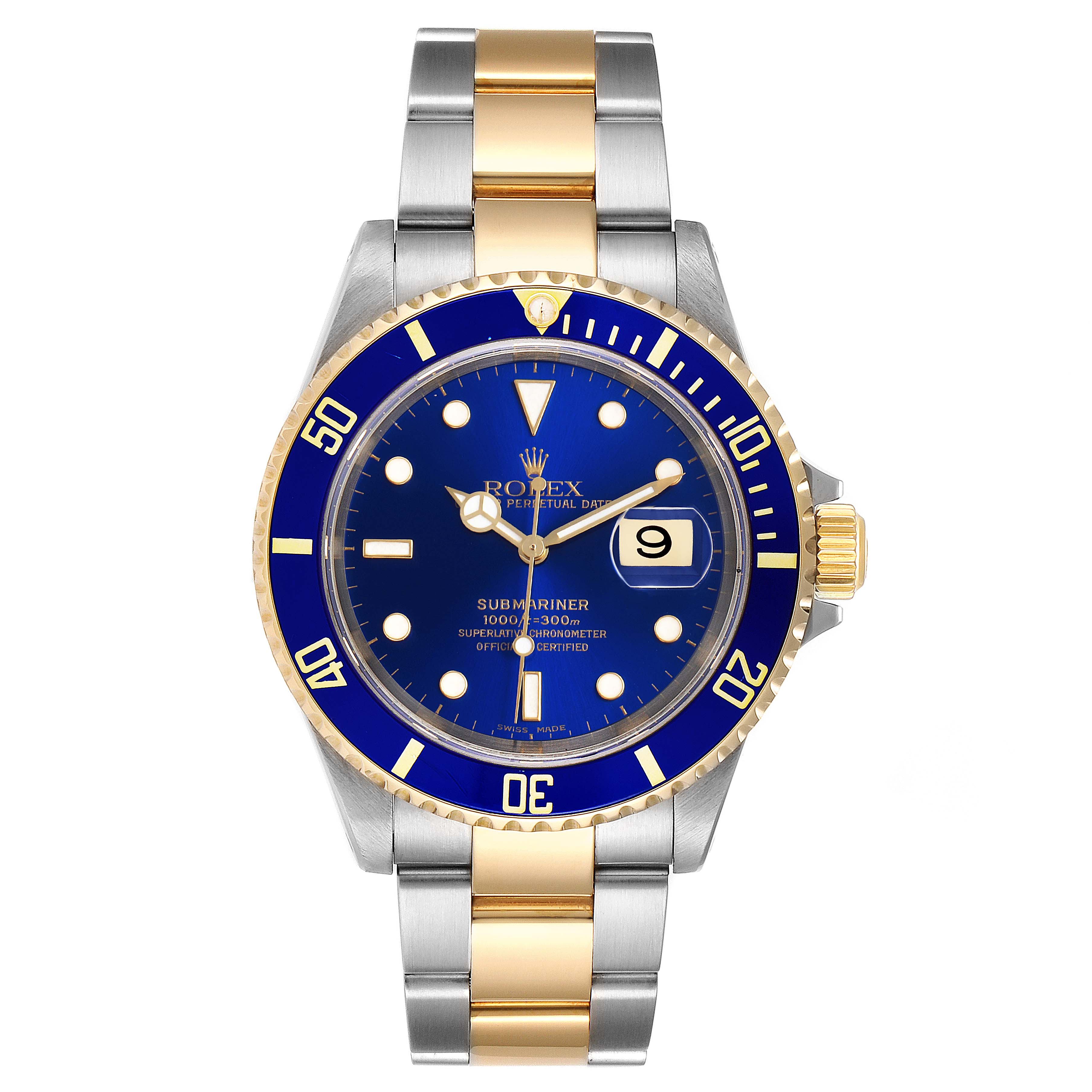 This image shows a front-facing view of a Rolex Submariner 16613 Men's Steel and Gold (two tone) Blue Dial 16613 Men's Steel and Gold (two tone) Blue Dial watch, highlighting the dial, bezel, hands, bracelet, and date window.