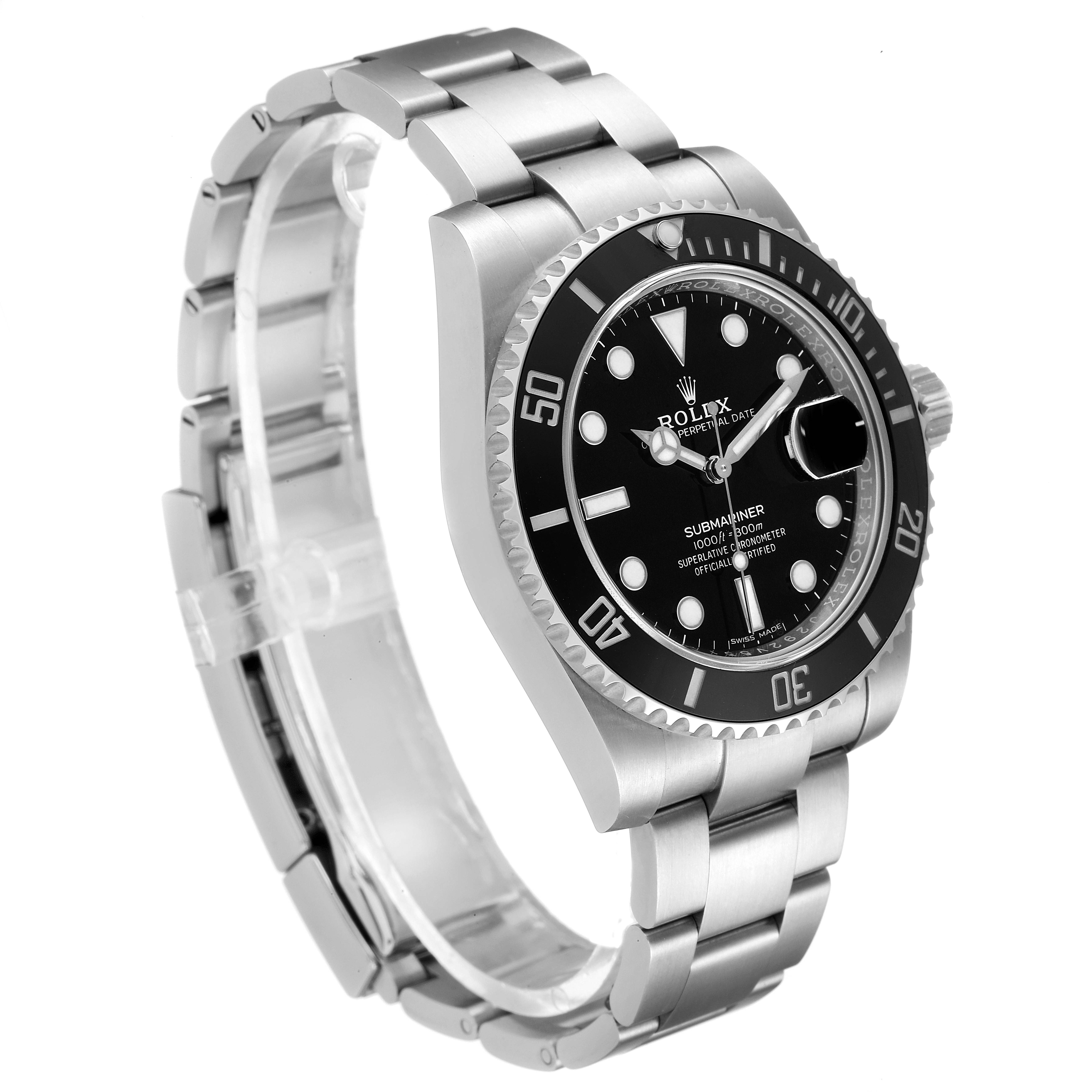 This Rolex Submariner 116610LN Men's Stainless Steel Black Dial 116610LN Men's Stainless Steel Black Dial watch is shown at a slight angled side view, displaying the face, bezel, and part of the bracelet.