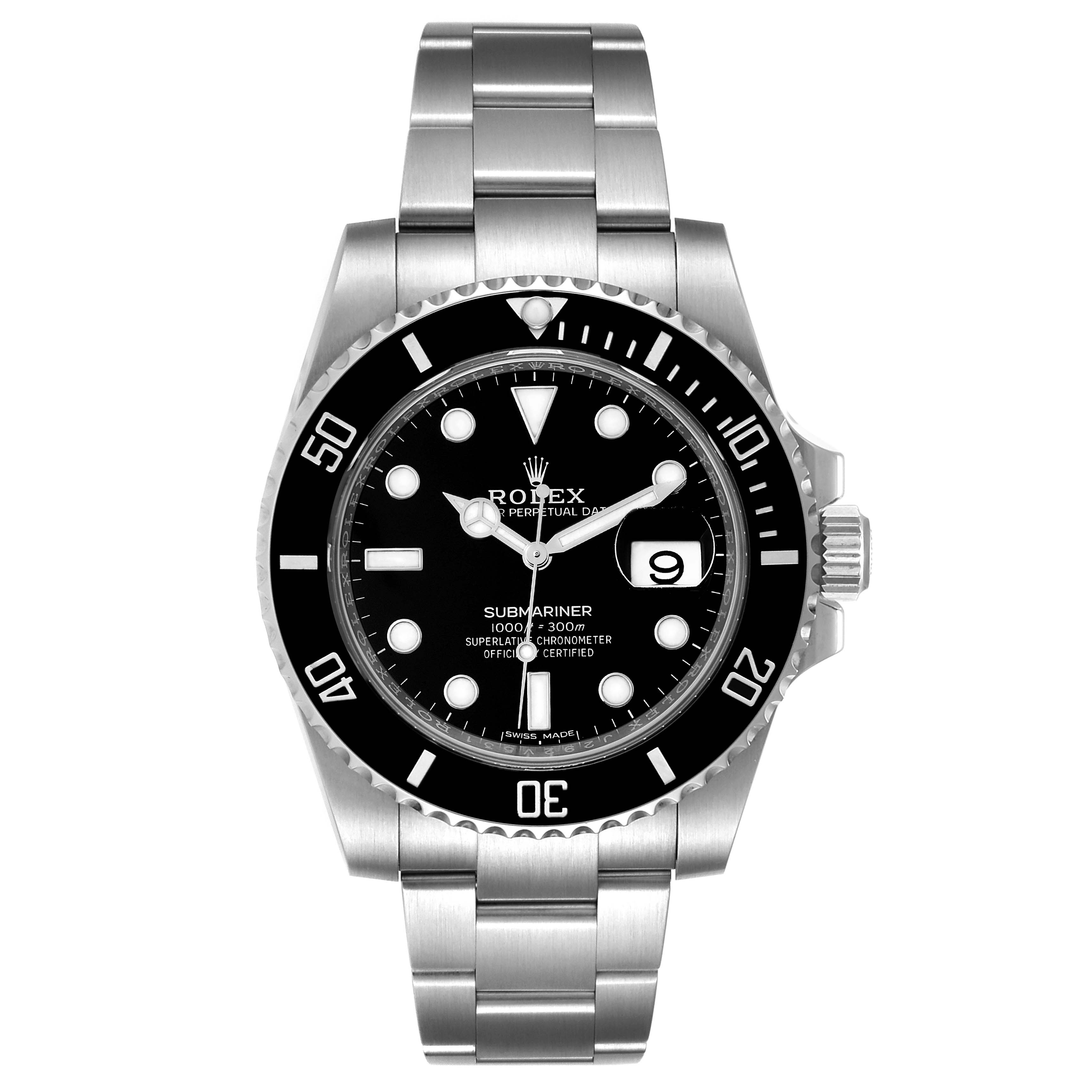 The image shows a front view of a Rolex Submariner 116610LN Men's Stainless Steel Black Dial 116610LN Men's Stainless Steel Black Dial watch, displaying the dial, bezel, and bracelet.