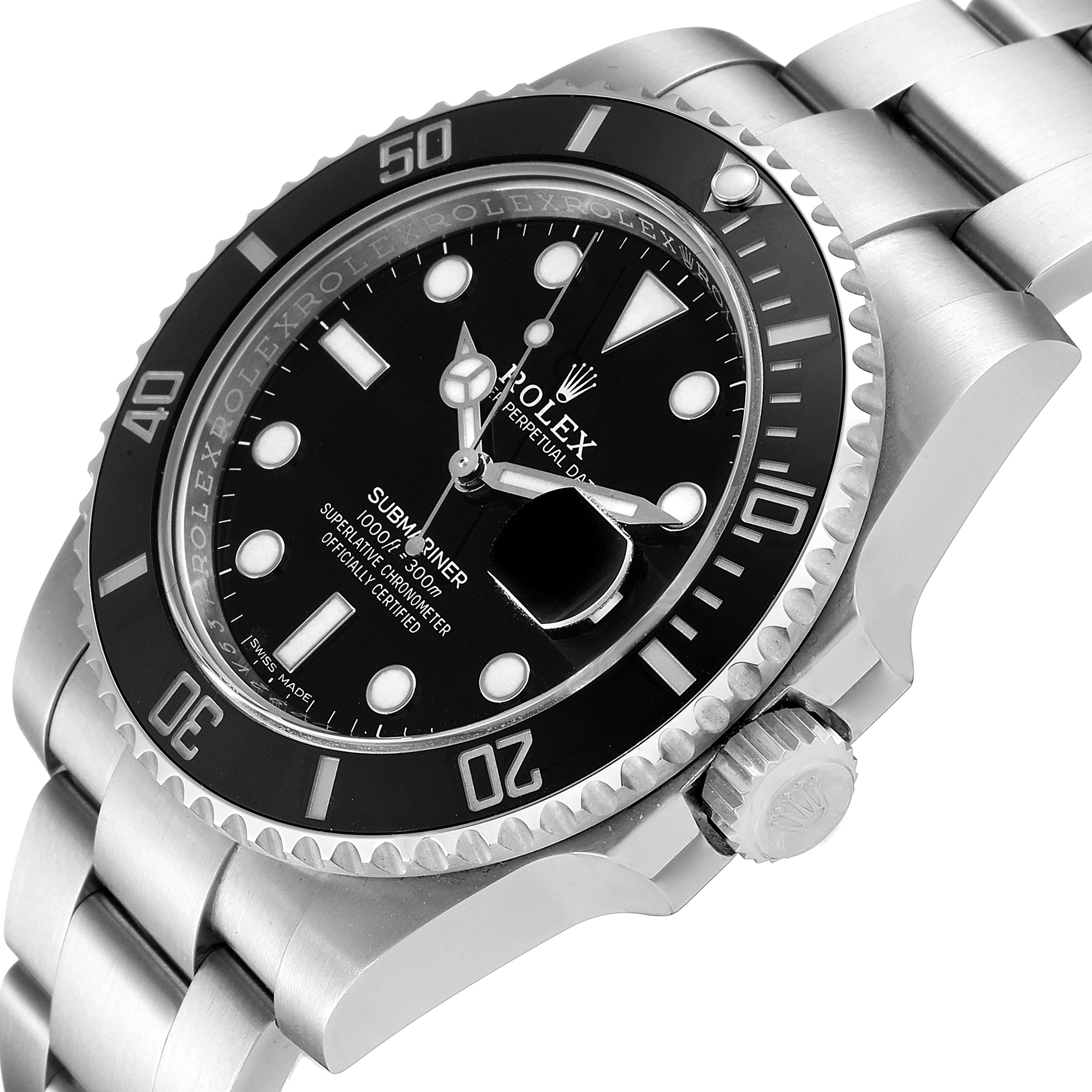 The Rolex Submariner 116610LN Men's Stainless Steel Black Dial 116610LN Men's Stainless Steel Black Dial watch is shown from an angled view, highlighting its face, bezel, and crown.