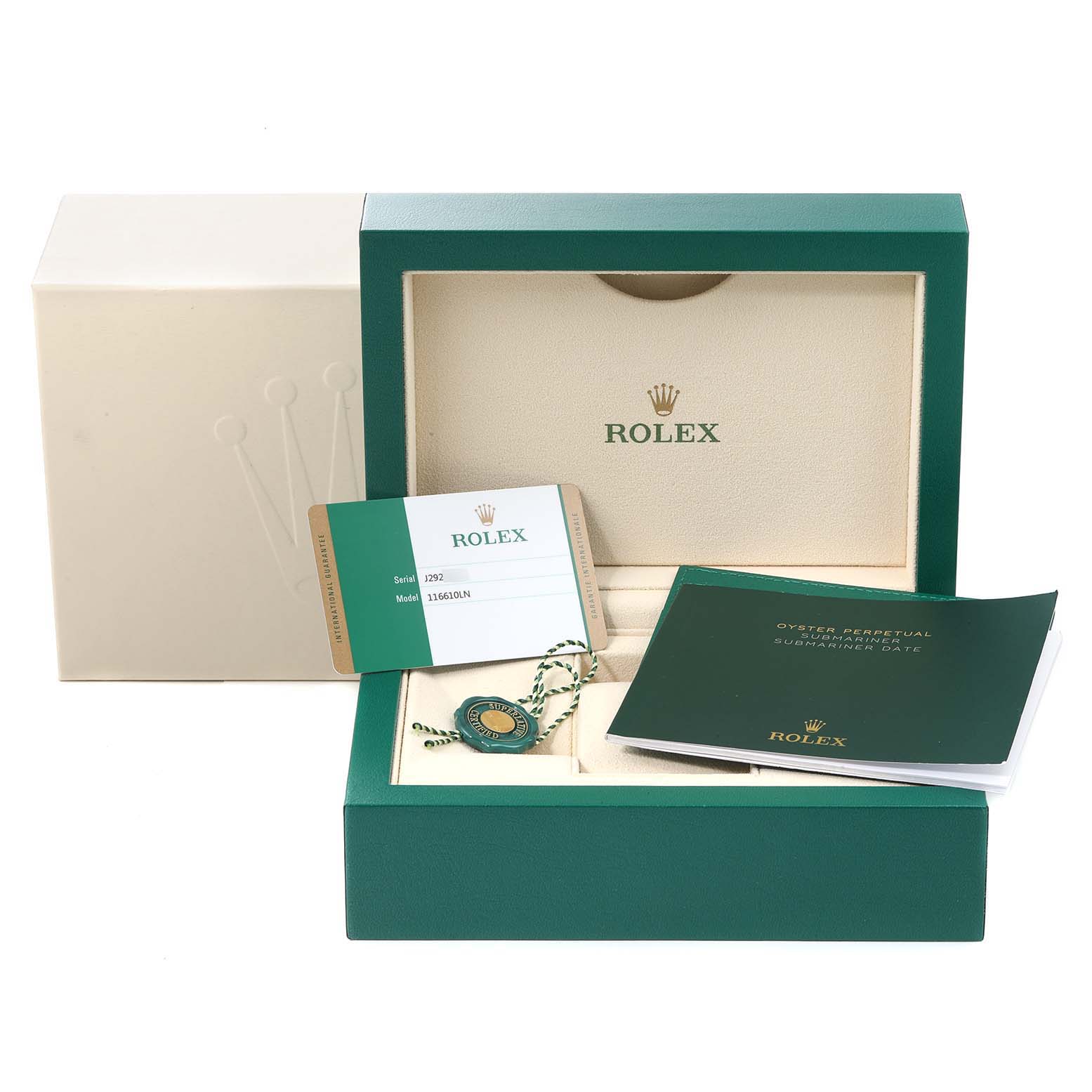 The image shows the packaging, warranty card, tags, and booklet for a Rolex Submariner 116610LN Men's Stainless Steel Black Dial 116610LN Men's Stainless Steel Black Dial watch.