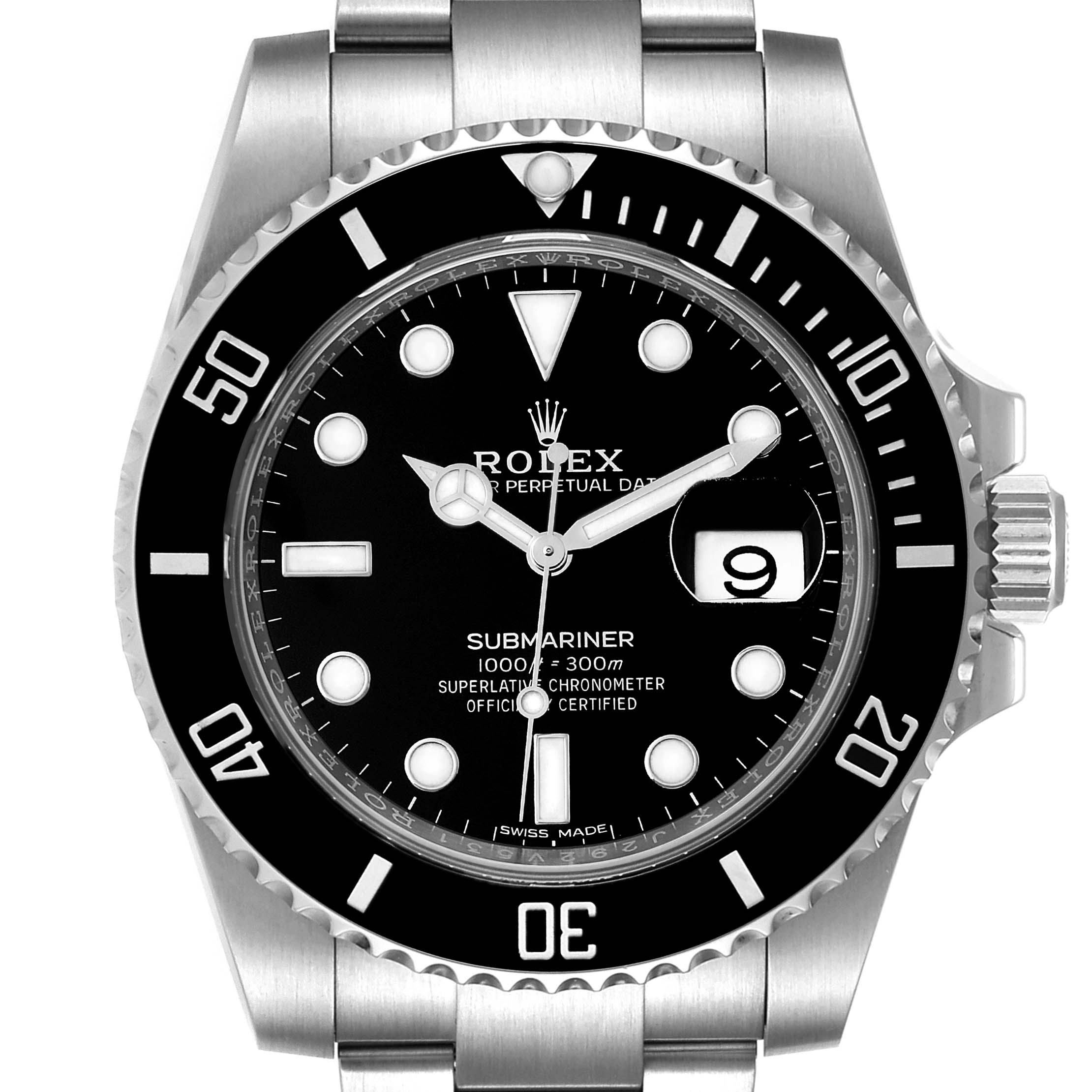 This image shows a front view of a Rolex Submariner 116610LN Men's Stainless Steel Black Dial 116610LN Men's Stainless Steel Black Dial watch, displaying the dial, bezel, case, and part of the bracelet.