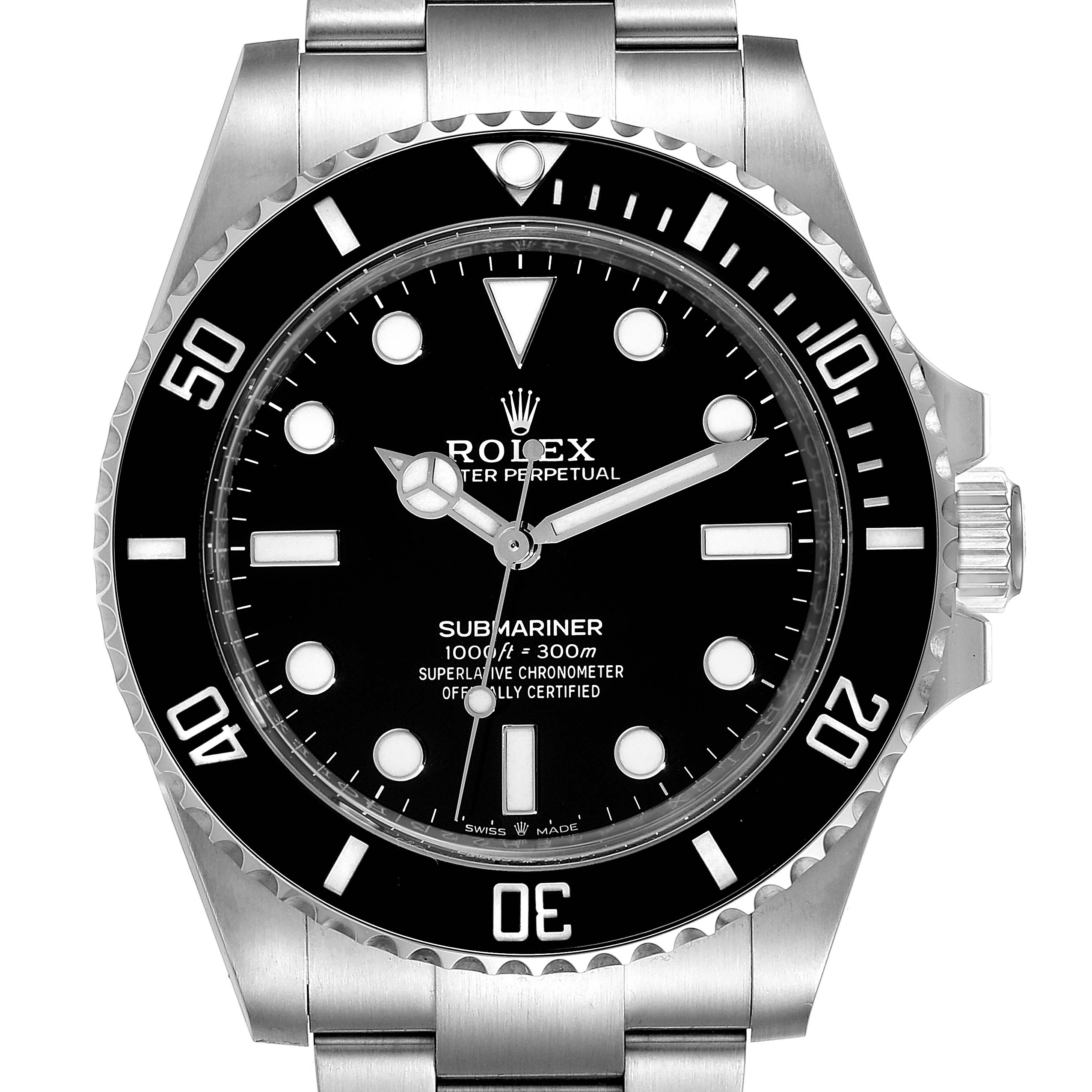 This image shows a front view of the Rolex Submariner 124060 Men
s Stainless Steel Black Dial 124060 Men
s Stainless Steel Black Dial watch, highlighting the dial, bezel, and part of the bracelet.