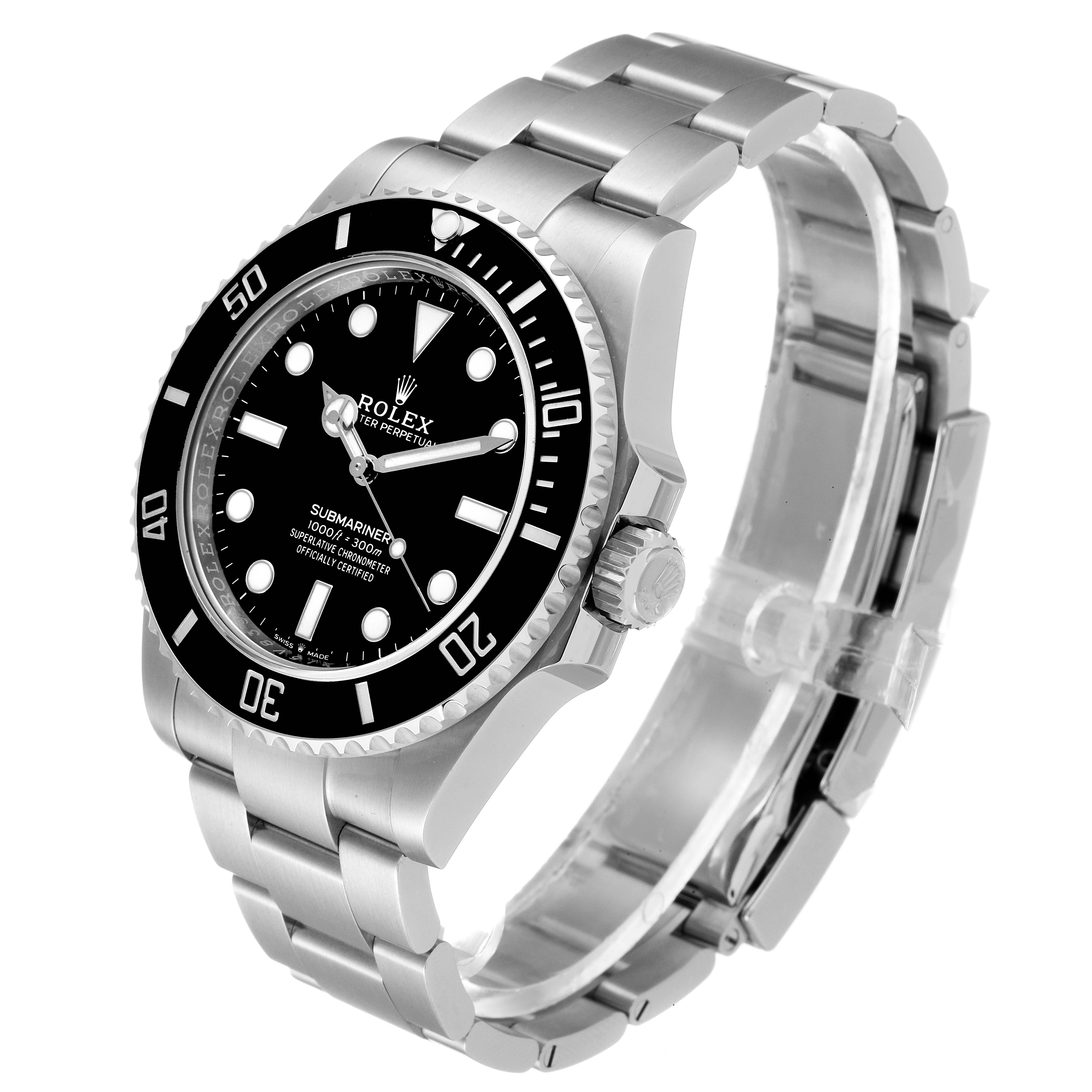 The image shows a Rolex Submariner 124060 Men
s Stainless Steel Black Dial 124060 Men
s Stainless Steel Black Dial watch at an angled side view highlighting the face, bezel, crown, and stainless steel bracelet.