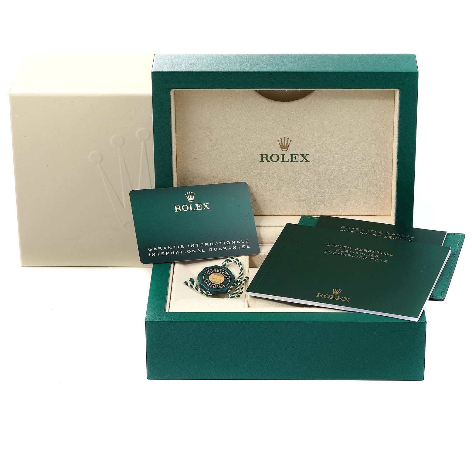 This image shows the packaging and accessories for a Rolex Submariner 124060 Men
s Stainless Steel Black Dial 124060 Men
s Stainless Steel Black Dial, including the box, manuals, and warranty card.