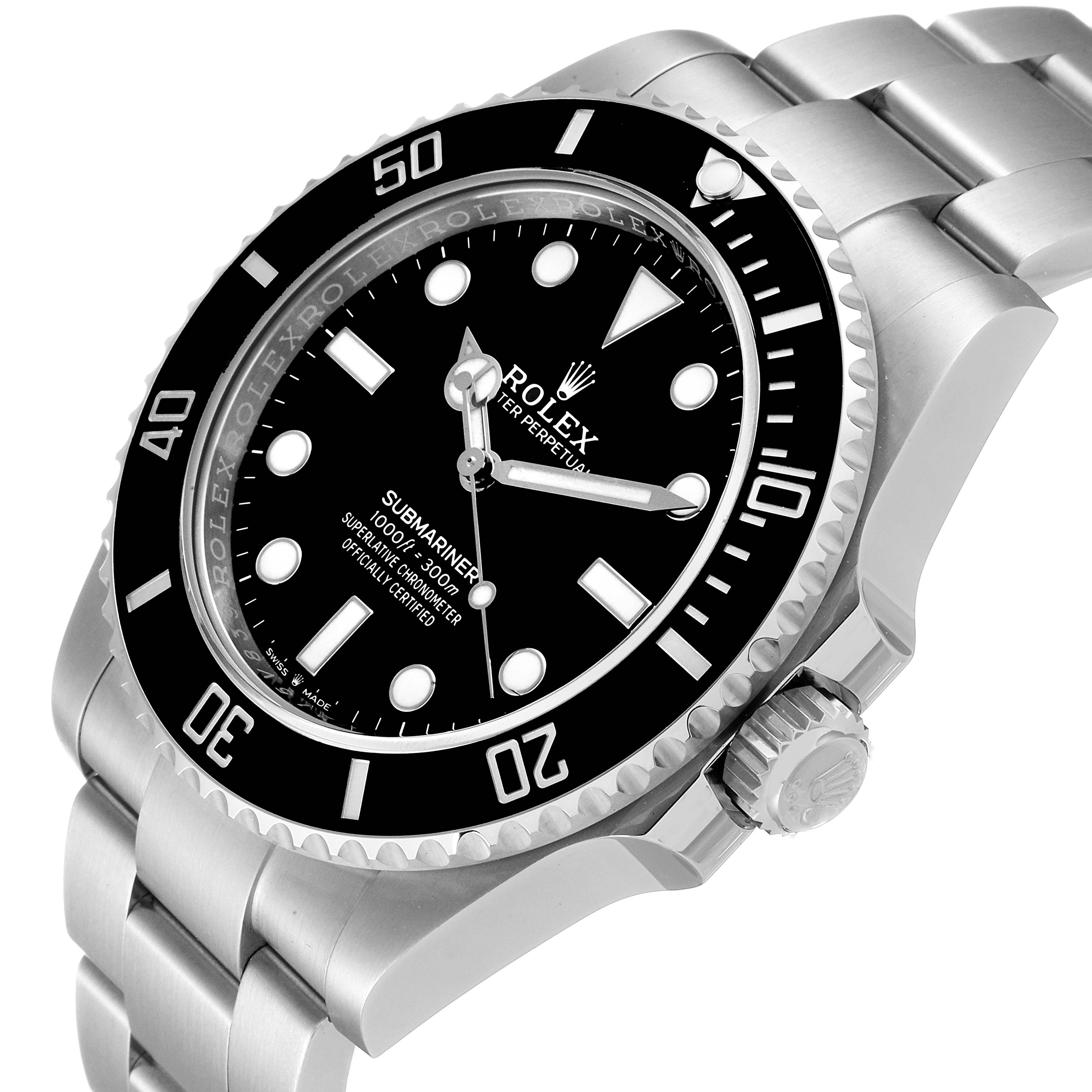 The image shows a Rolex Submariner 124060 Men
s Stainless Steel Black Dial 124060 Men
s Stainless Steel Black Dial watch at a side angle, highlighting the dial, bezel, and part of the bracelet.