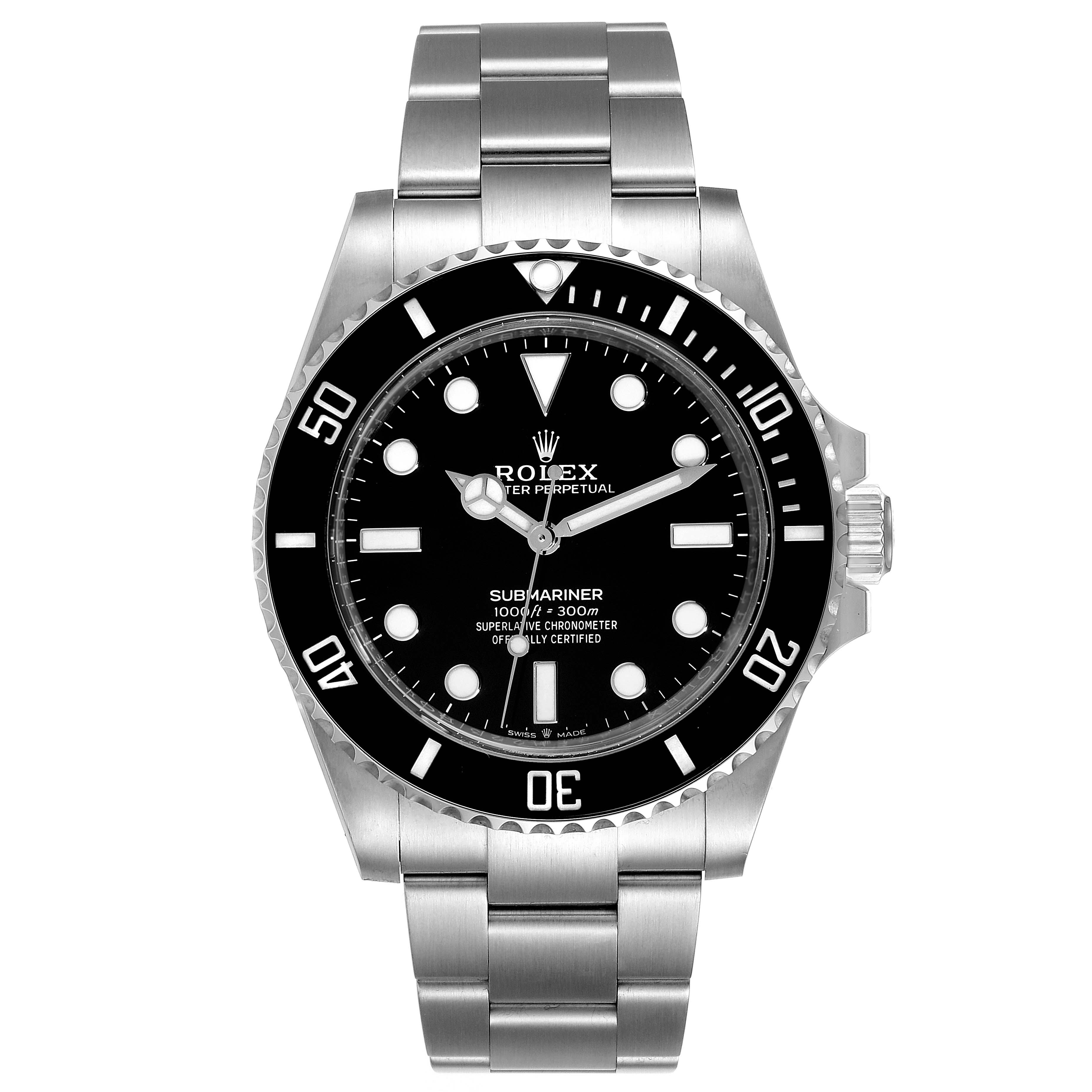 The image shows a front view of a Rolex Submariner 124060 Men
s Stainless Steel Black Dial 124060 Men
s Stainless Steel Black Dial watch, highlighting the dial, bezel, and stainless steel bracelet.