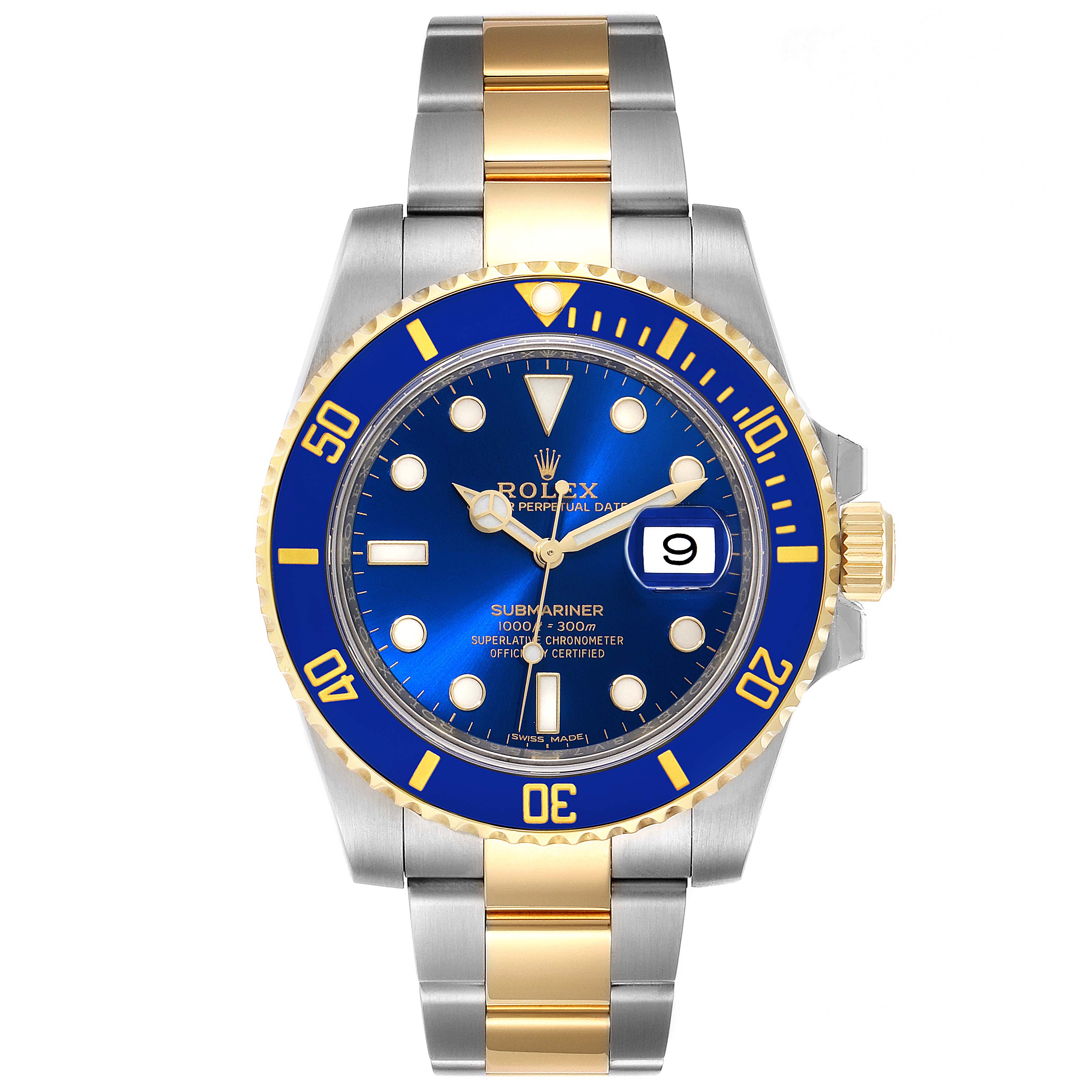 This image shows a front view of a Rolex Submariner 116613 Men
s Steel and Gold (two tone) Blue Dial 116613 Men
s Steel and Gold (two tone) Blue Dial watch, highlighting its blue dial, gold and silver bracelet, and date window.
