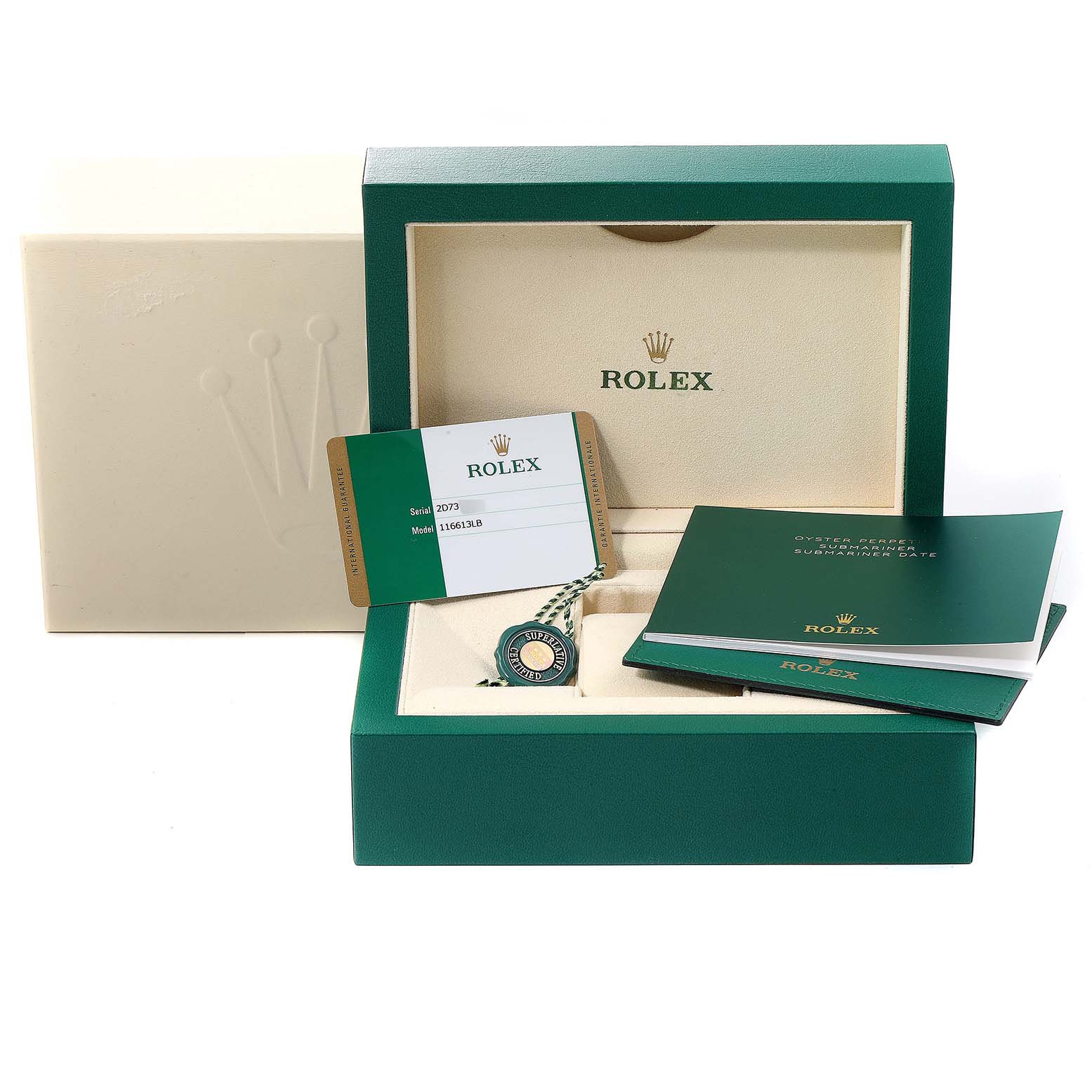 The image shows the packaging and accessories for a Rolex Submariner 116613 Men
s Steel and Gold (two tone) Blue Dial 116613 Men
s Steel and Gold (two tone) Blue Dial, including the manual, warranty card, and box.