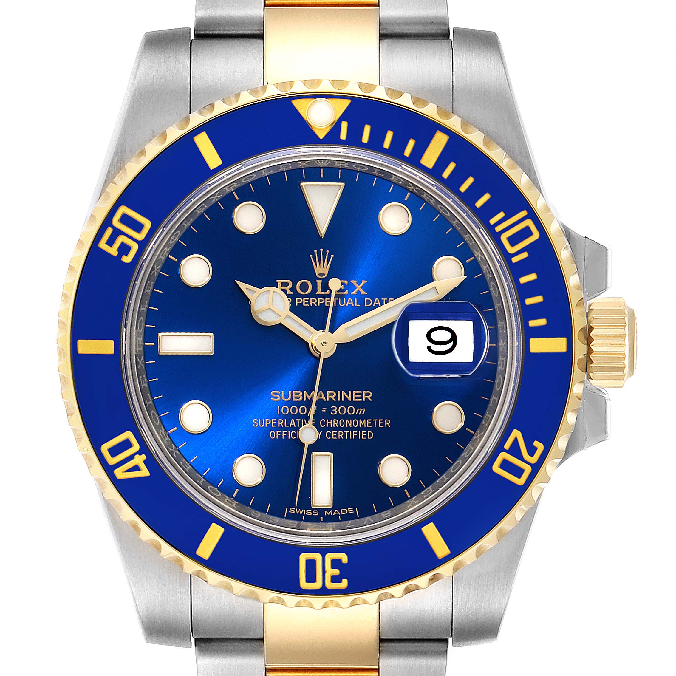 The image shows a frontal view of a Rolex Submariner 116613 Men
s Steel and Gold (two tone) Blue Dial 116613 Men
s Steel and Gold (two tone) Blue Dial watch, highlighting its blue dial, date window, and two-tone bracelet.