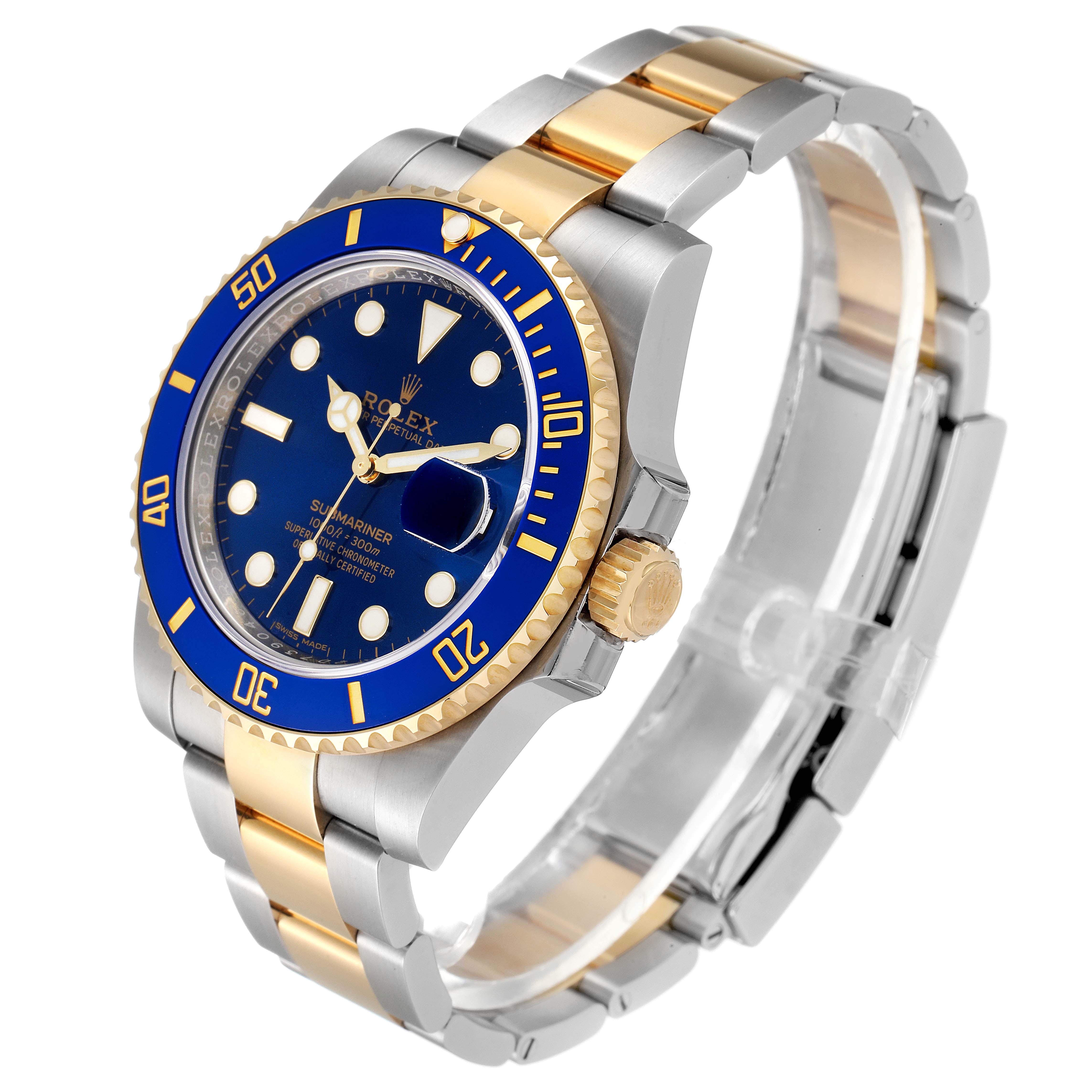 This image shows a Rolex Submariner 116613 Men
s Steel and Gold (two tone) Blue Dial 116613 Men
s Steel and Gold (two tone) Blue Dial watch at a three-quarter angle, highlighting its blue dial, bezel, and two-tone bracelet.