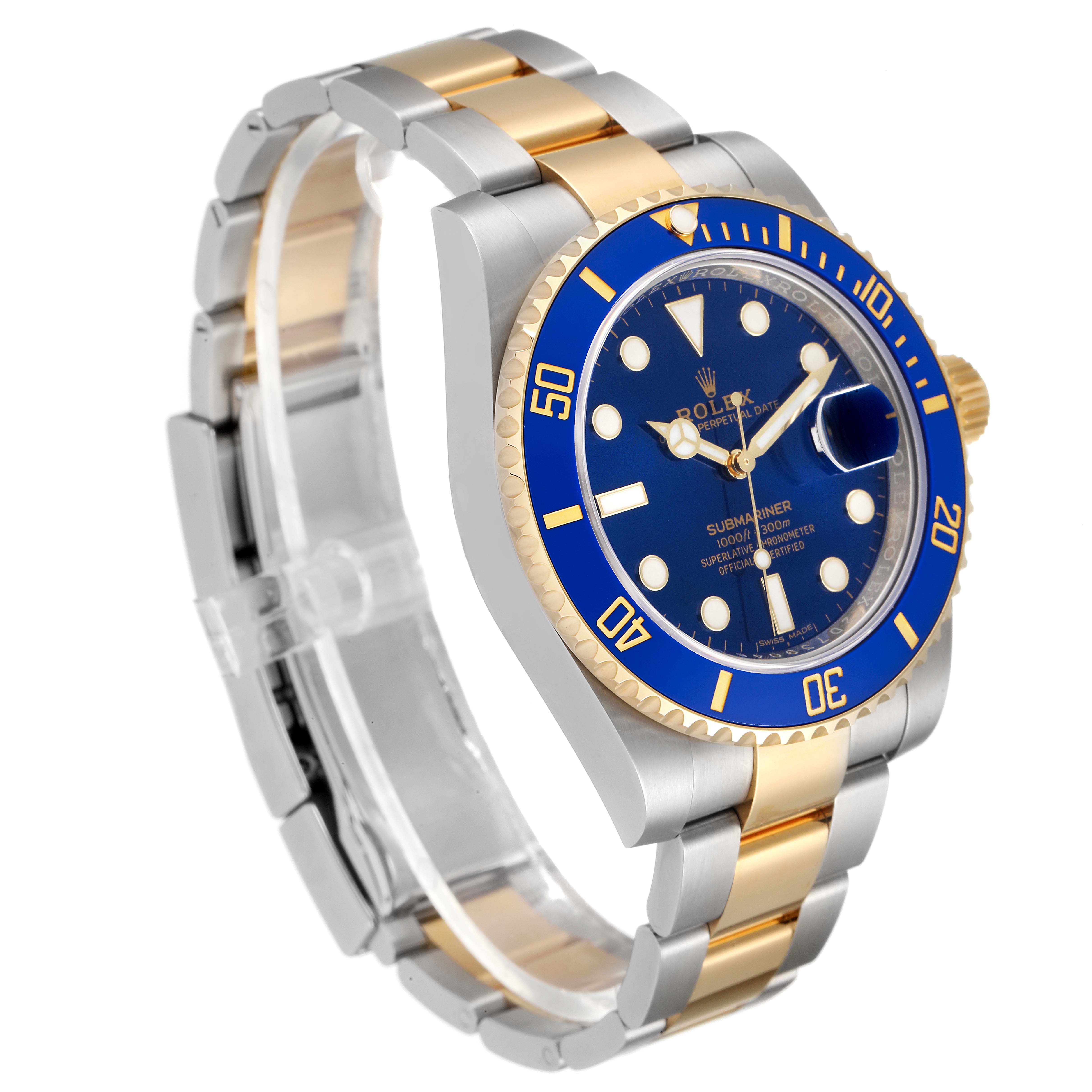 The image shows a Rolex Submariner 116613 Men
s Steel and Gold (two tone) Blue Dial 116613 Men
s Steel and Gold (two tone) Blue Dial watch from an angled, side perspective, highlighting its blue bezel, dial, and two-tone bracelet.
