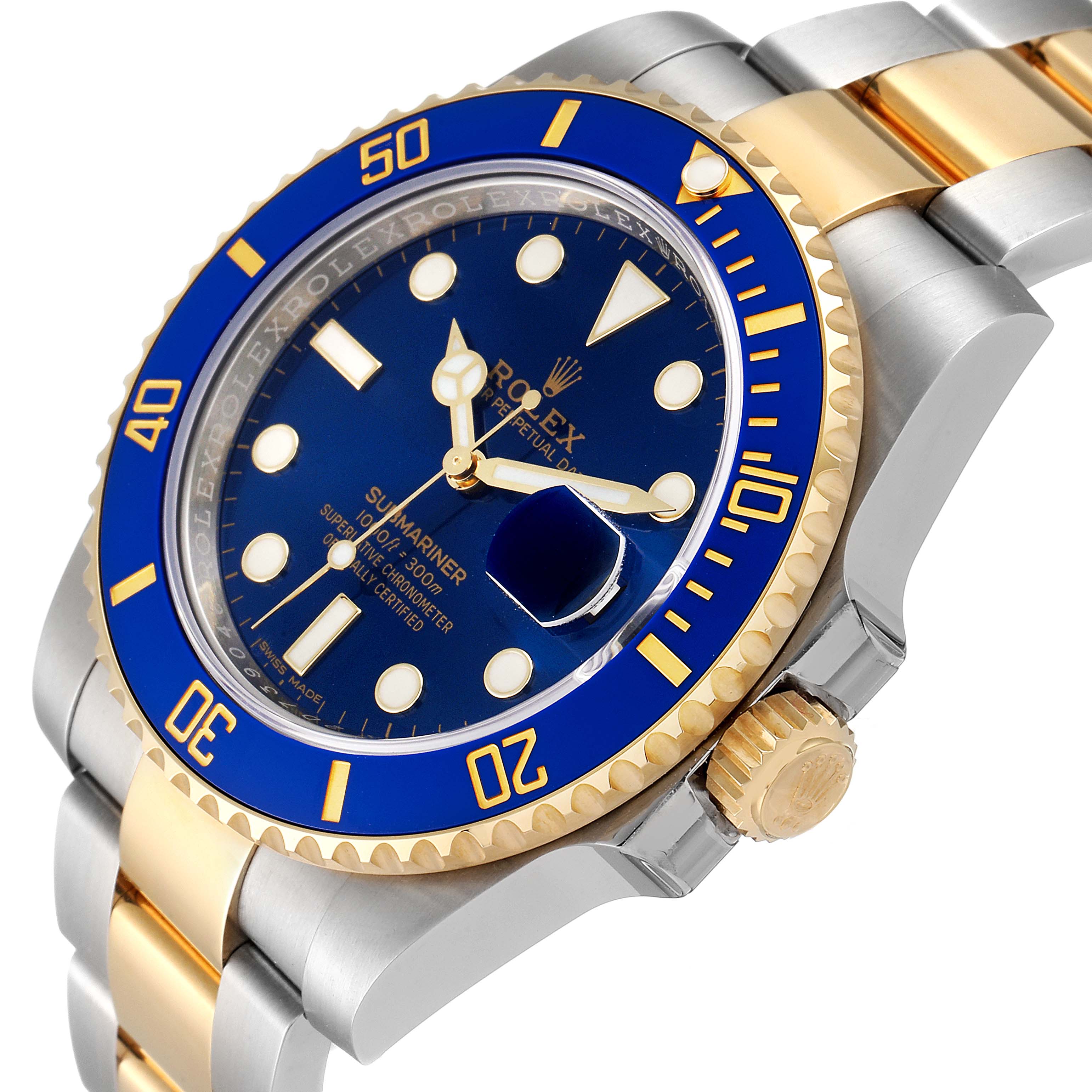 This image shows a close-up view of the Rolex Submariner 116613 Men
s Steel and Gold (two tone) Blue Dial 116613 Men
s Steel and Gold (two tone) Blue Dial, highlighting its blue dial, bezel, and two-tone bracelet.