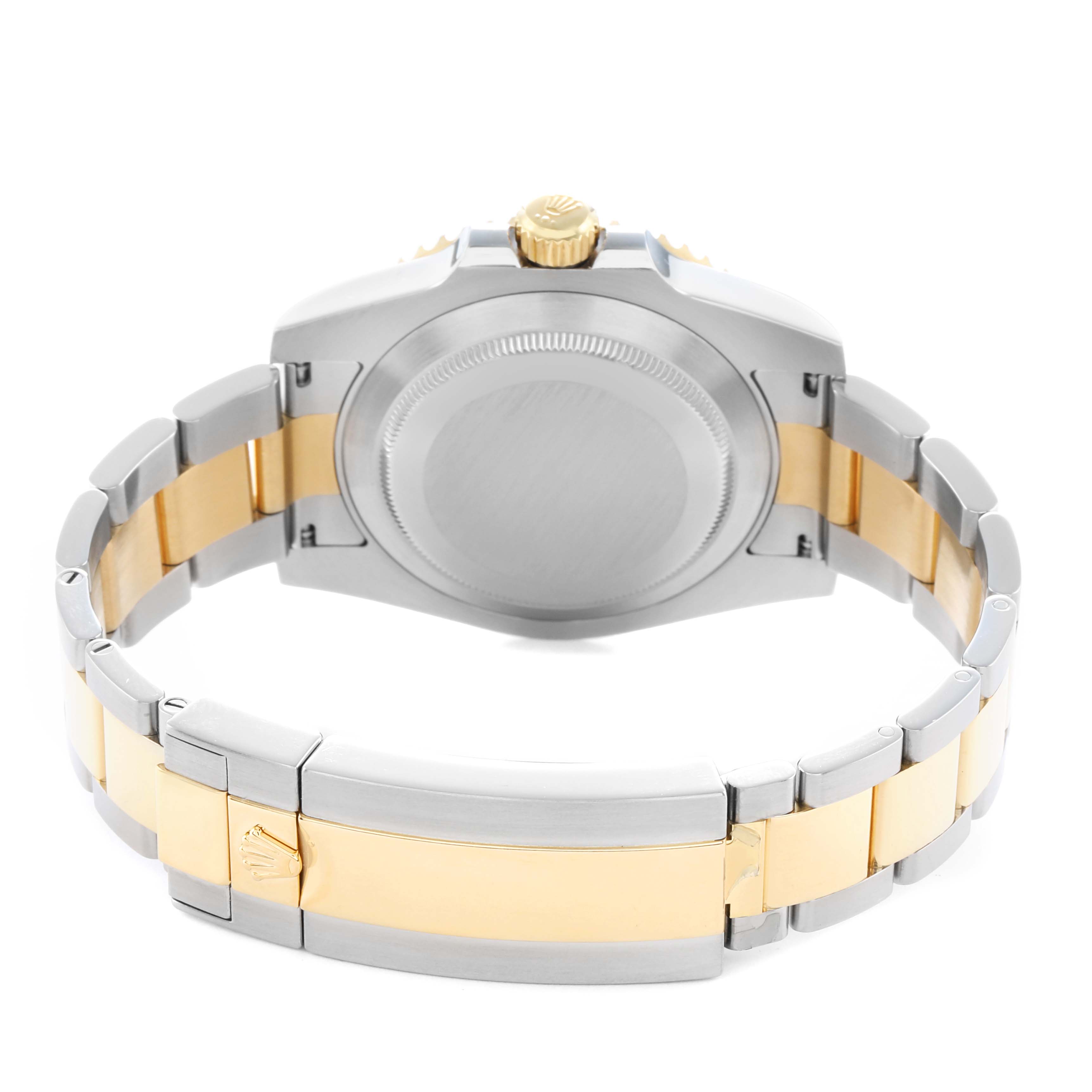 The Rolex Submariner 116613 Men
s Steel and Gold (two tone) Black Dial is shown from the back, highlighting the case back, crown, and two-tone bracelet.
