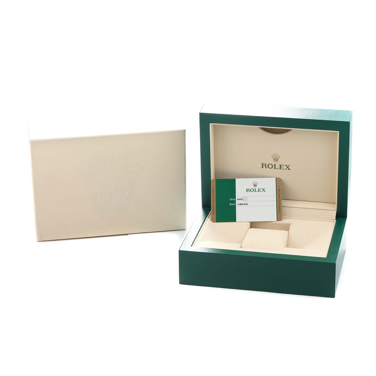 The image shows the open box and warranty card for a Rolex Submariner 116613 Men
s Steel and Gold (two tone) Black Dial watch.