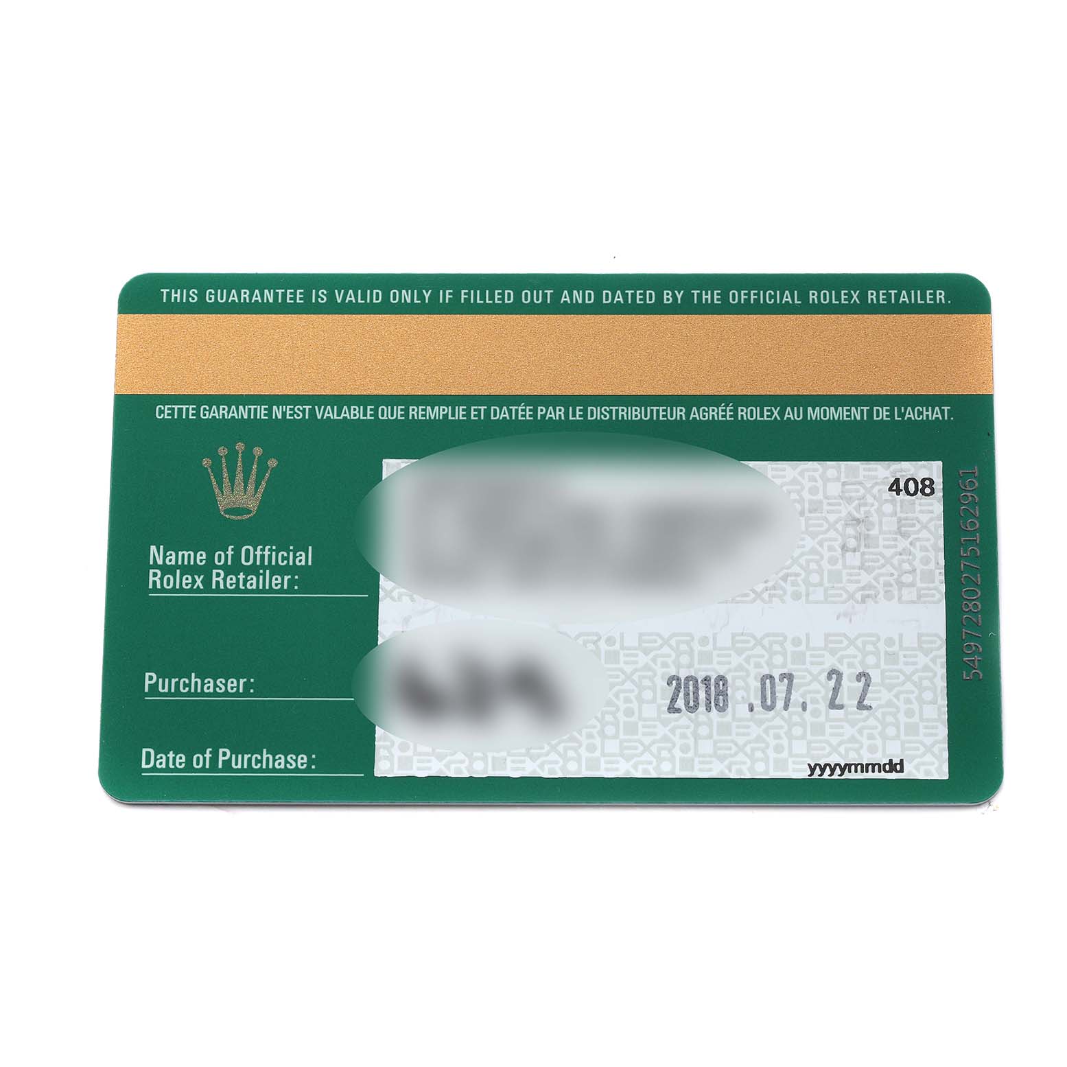 The image shows a guarantee card for a Rolex Submariner 116613 Men
s Steel and Gold (two tone) Black Dial from an official retailer, with purchase details blurred.