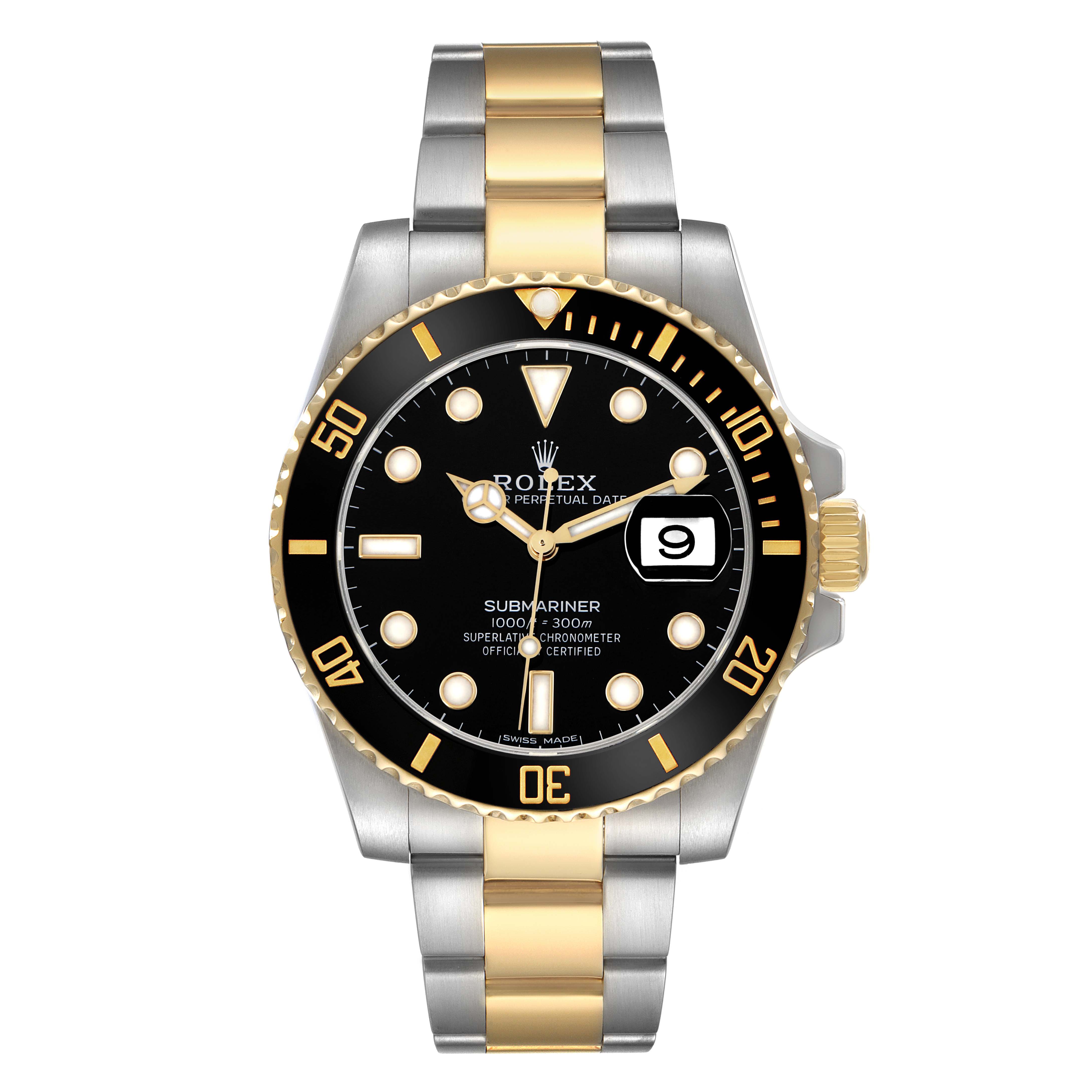 The Rolex Submariner 116613 Men
s Steel and Gold (two tone) Black Dial watch is shown from a front angle, displaying the dial, bezel, crown, and two-tone bracelet.
