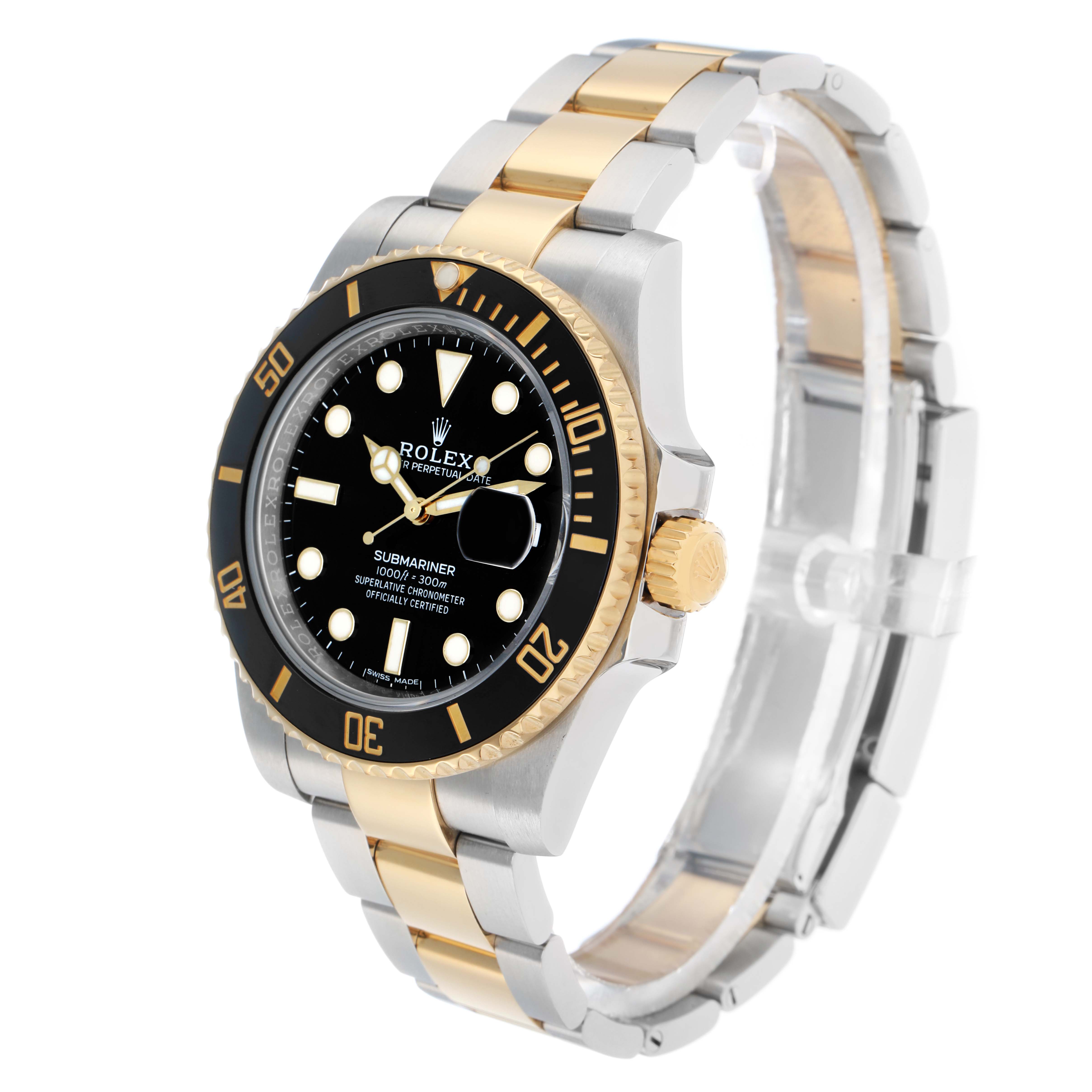The Rolex Submariner 116613 Men
s Steel and Gold (two tone) Black Dial watch is shown at a front angle, highlighting the bezel, dial, crown, and two-tone bracelet.