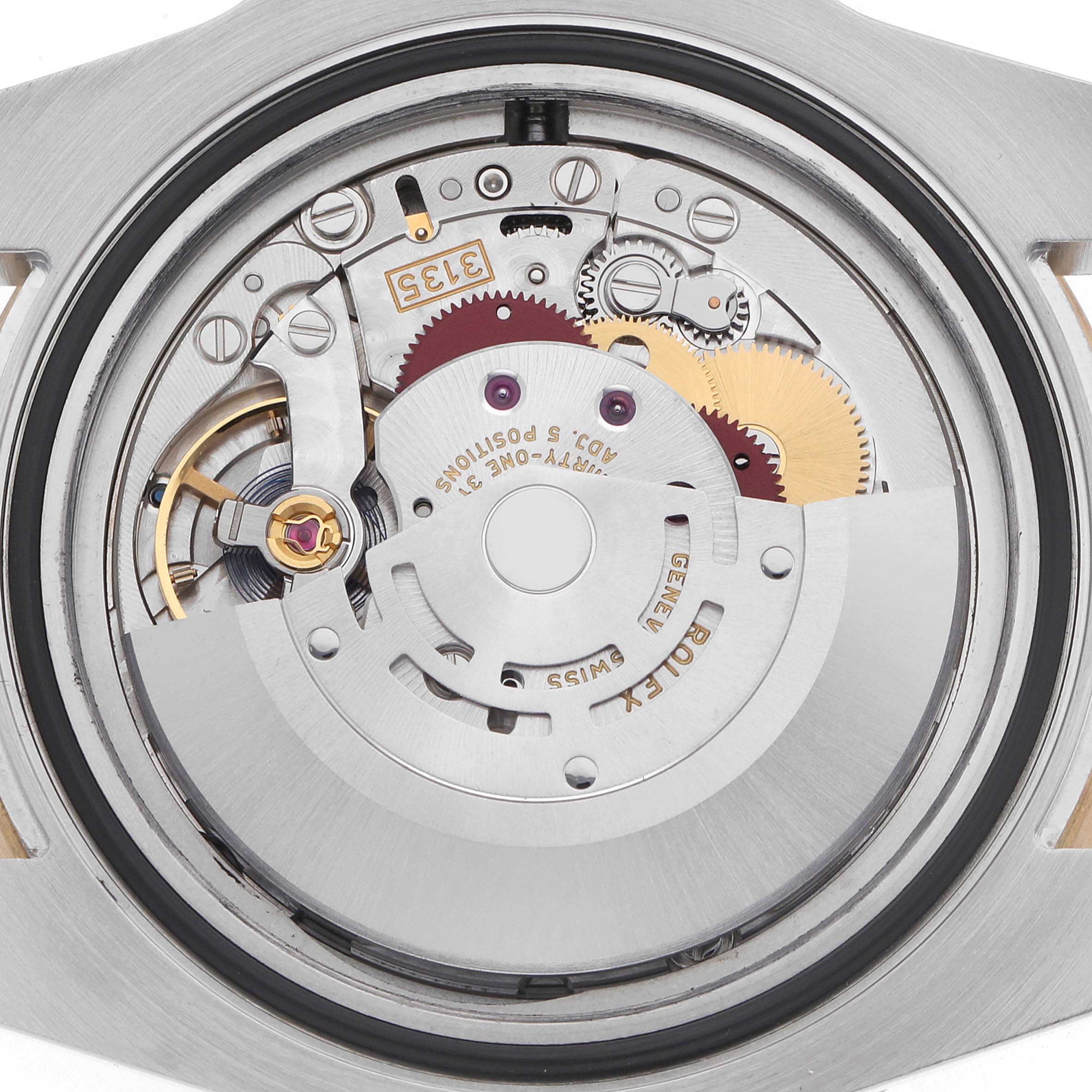 The image shows the movement of a Rolex Submariner 116613 Men
s Steel and Gold (two tone) Black Dial watch from the back, highlighting gears and the rotor mechanism.