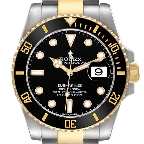 The Rolex Submariner 116613 Men's Steel and Gold (two tone) Black Dial watch is shown from a front angle, displaying the dial, bezel, and part of the bracelet.