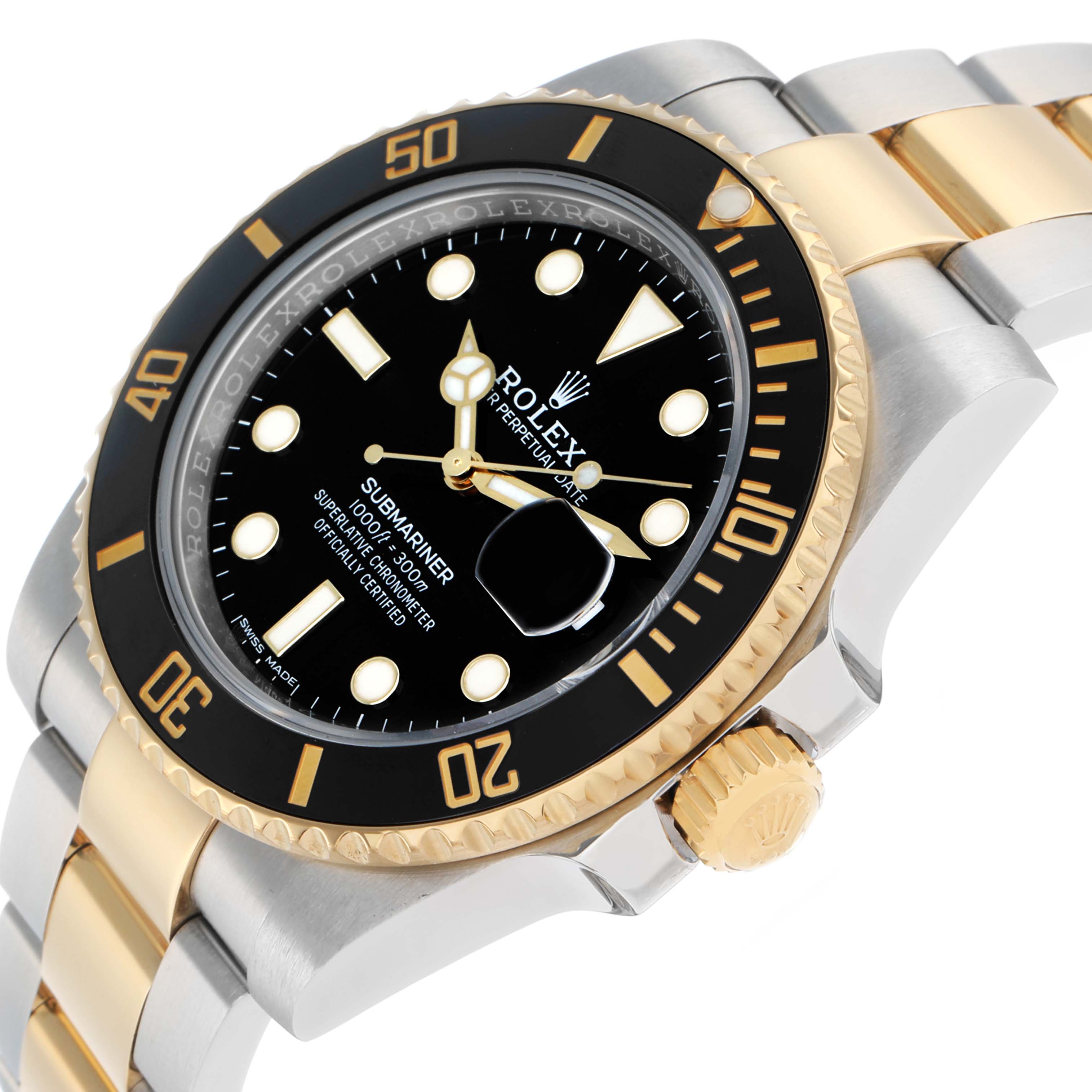 The Rolex Submariner 116613 Men
s Steel and Gold (two tone) Black Dial watch is shown at a tilted angle, highlighting the bezel, dial, crown, and part of the metal bracelet.