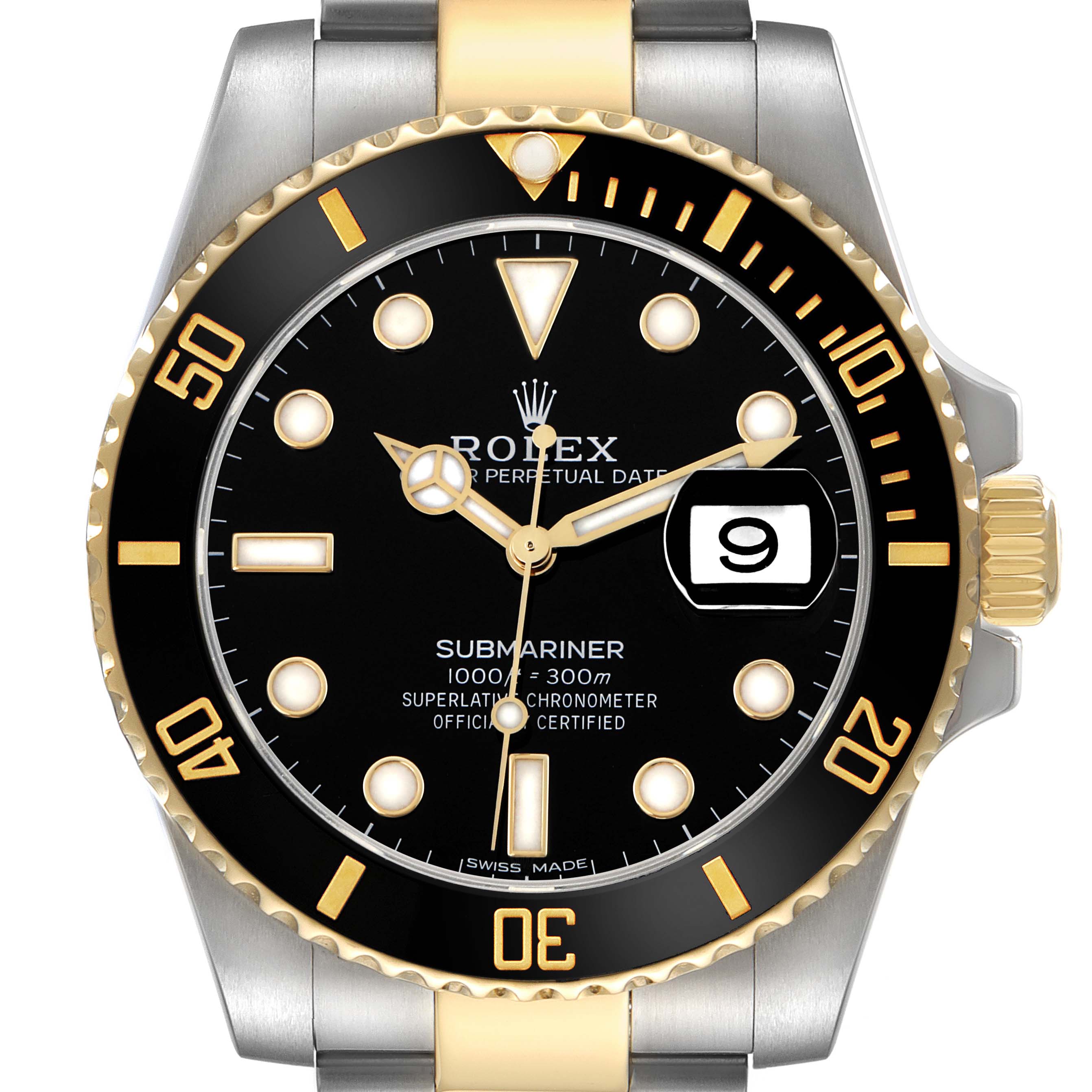 The Rolex Submariner 116613 Men
s Steel and Gold (two tone) Black Dial watch is shown from a front angle, highlighting the face, bezel, crown, and part of the bracelet.