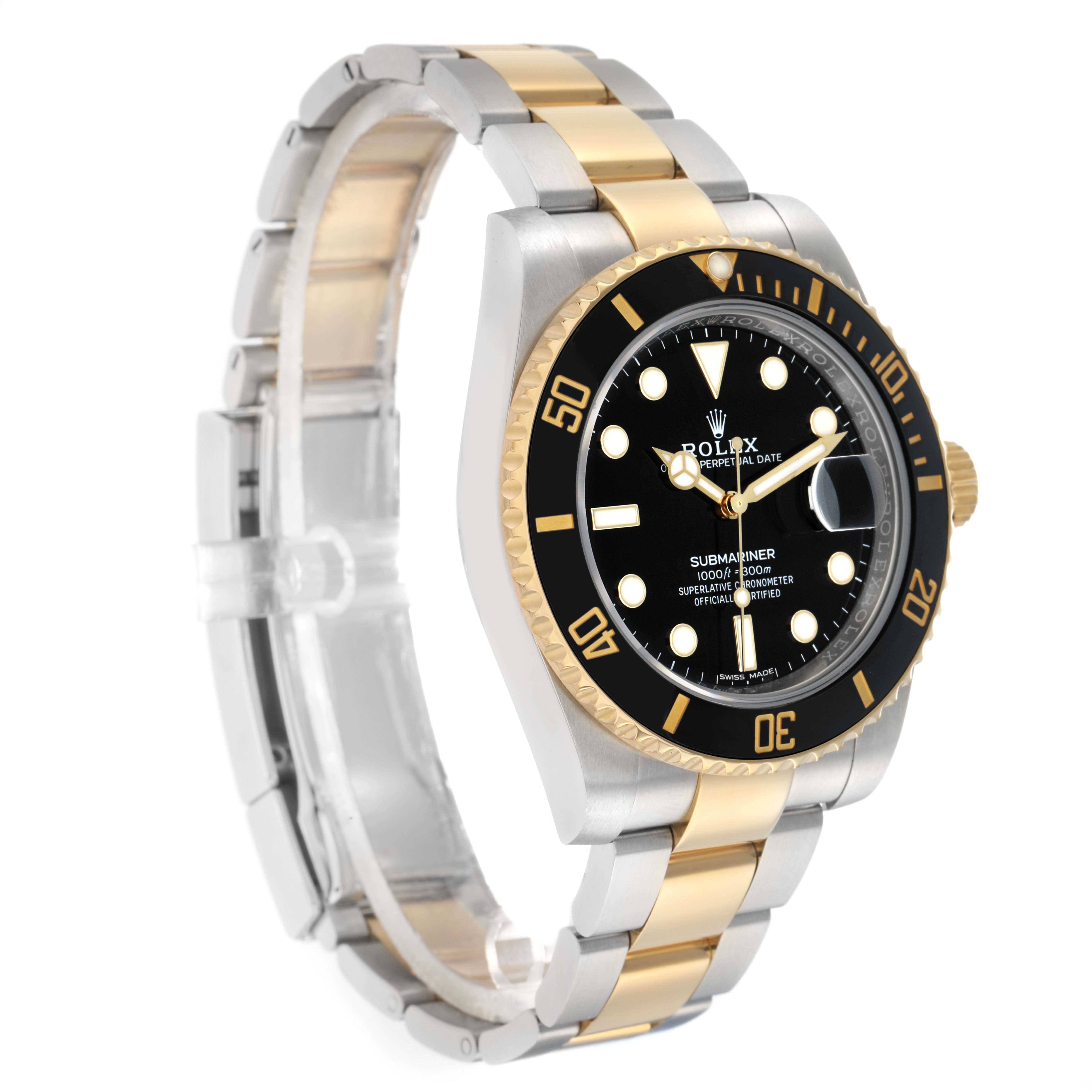 The Rolex Submariner 116613 Men
s Steel and Gold (two tone) Black Dial watch is shown at a three-quarter angle, highlighting the case, bezel, dial, crown, and bracelet.