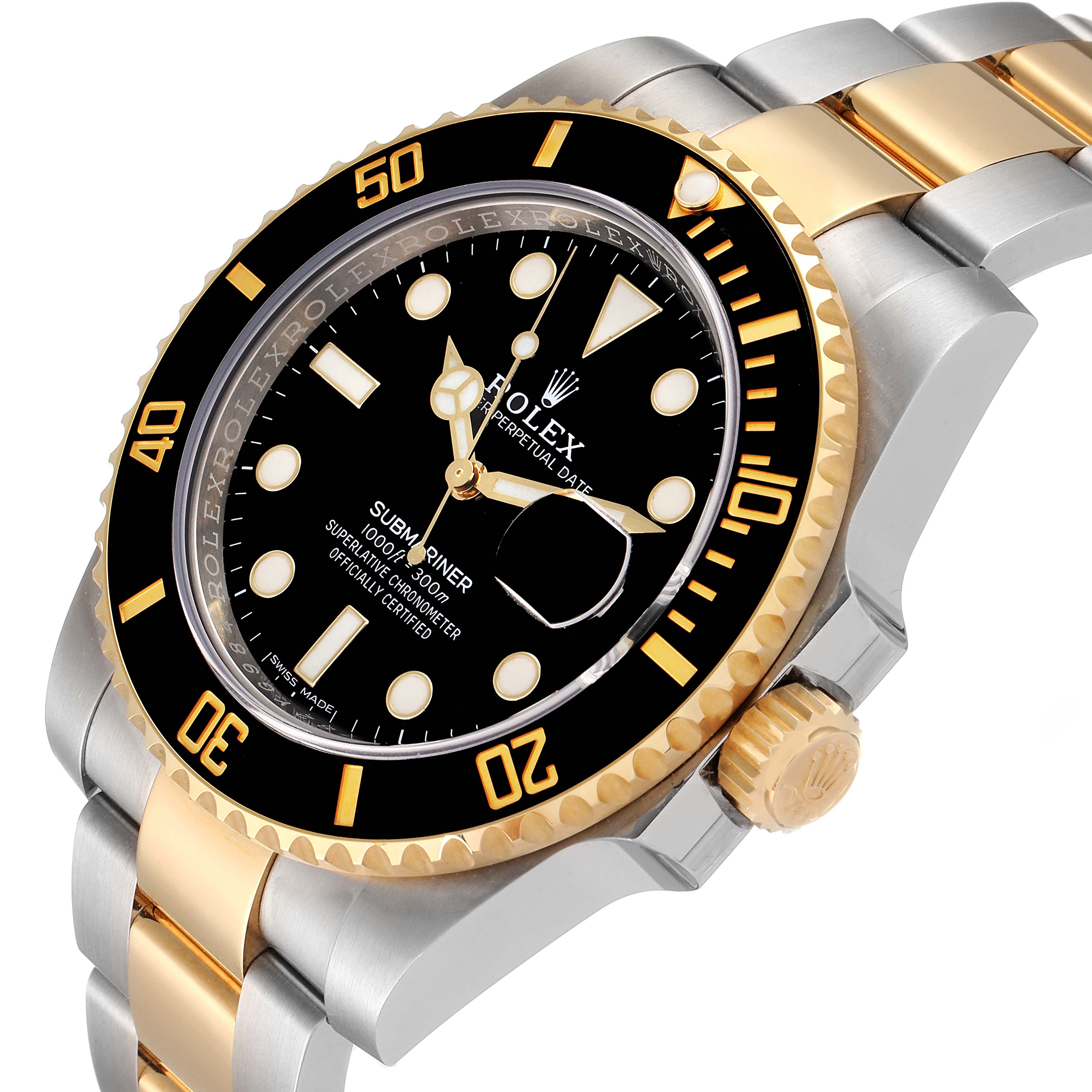 The image shows a close-up of a Rolex Submariner 116613 Men's Steel and Gold (two tone) Black Dial 116613 Men's Steel and Gold (two tone) Black Dial watch featuring its black dial, gold and silver bezel, and bracelet.