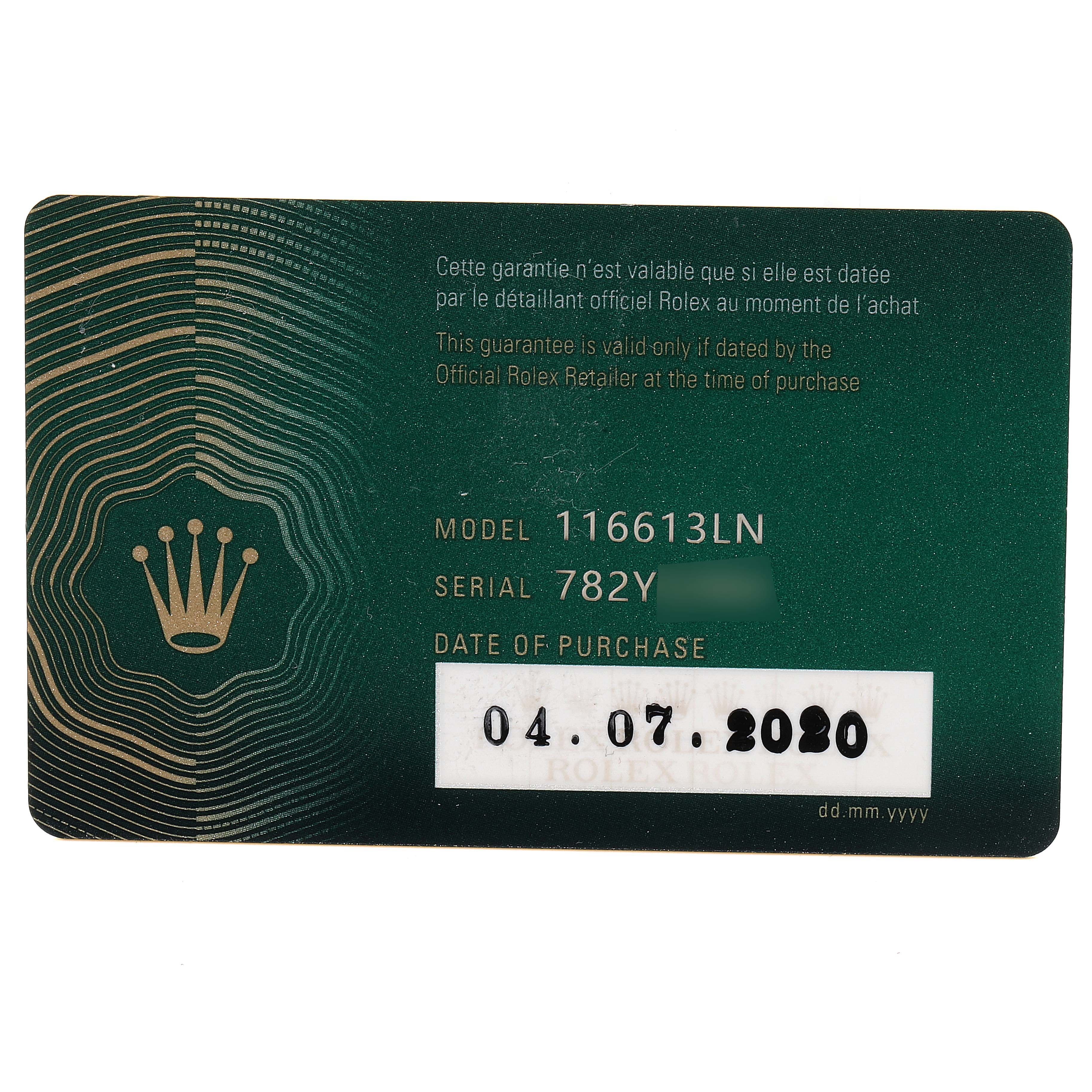 This image shows the warranty card for the Rolex Submariner 116613 Men's Steel and Gold (two tone) Black Dial 116613 Men's Steel and Gold (two tone) Black Dial model 116613LN, including the serial number and purchase date.