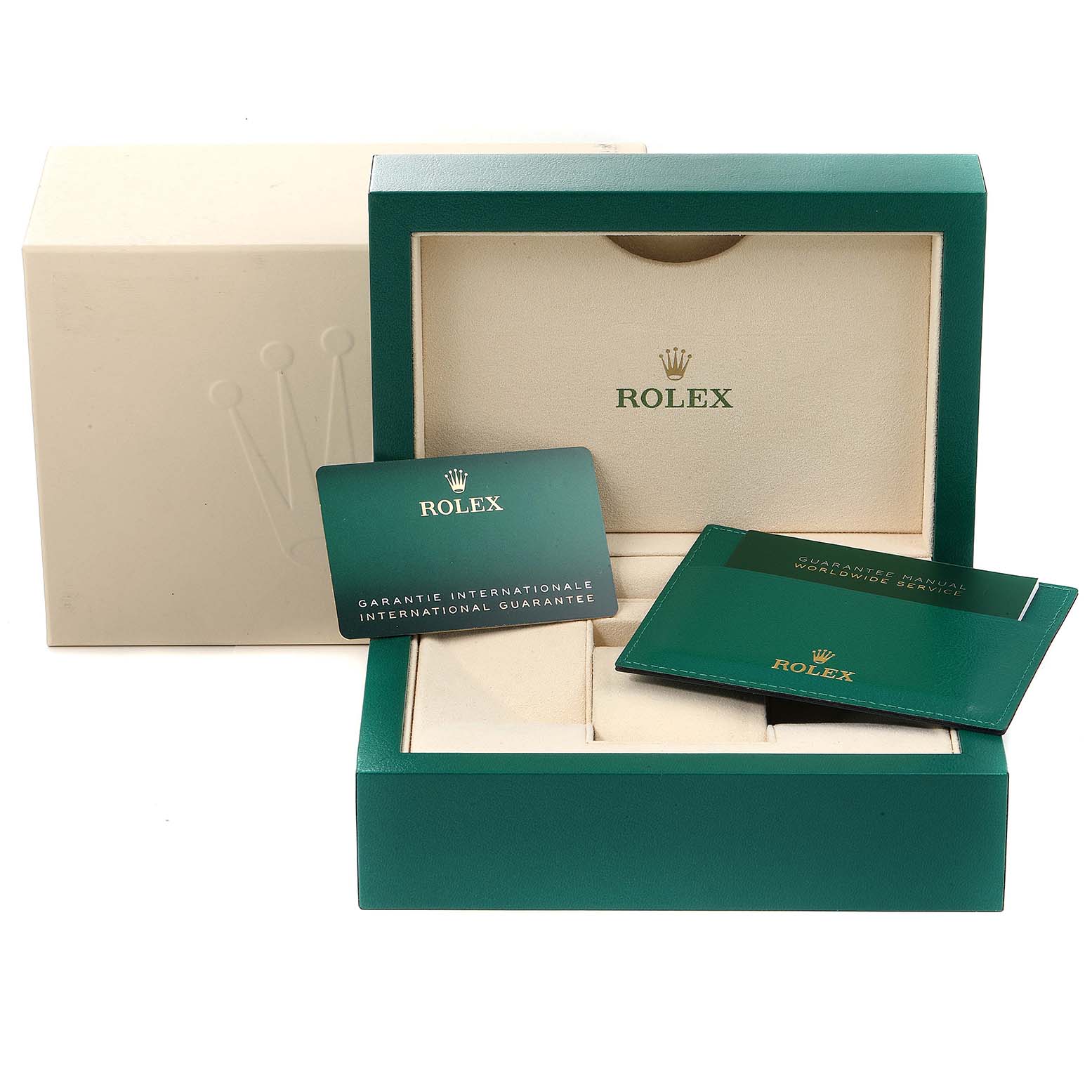 The image shows the packaging, guarantee card, manual, and box for a Rolex Submariner 116613 Men's Steel and Gold (two tone) Black Dial 116613 Men's Steel and Gold (two tone) Black Dial watch.