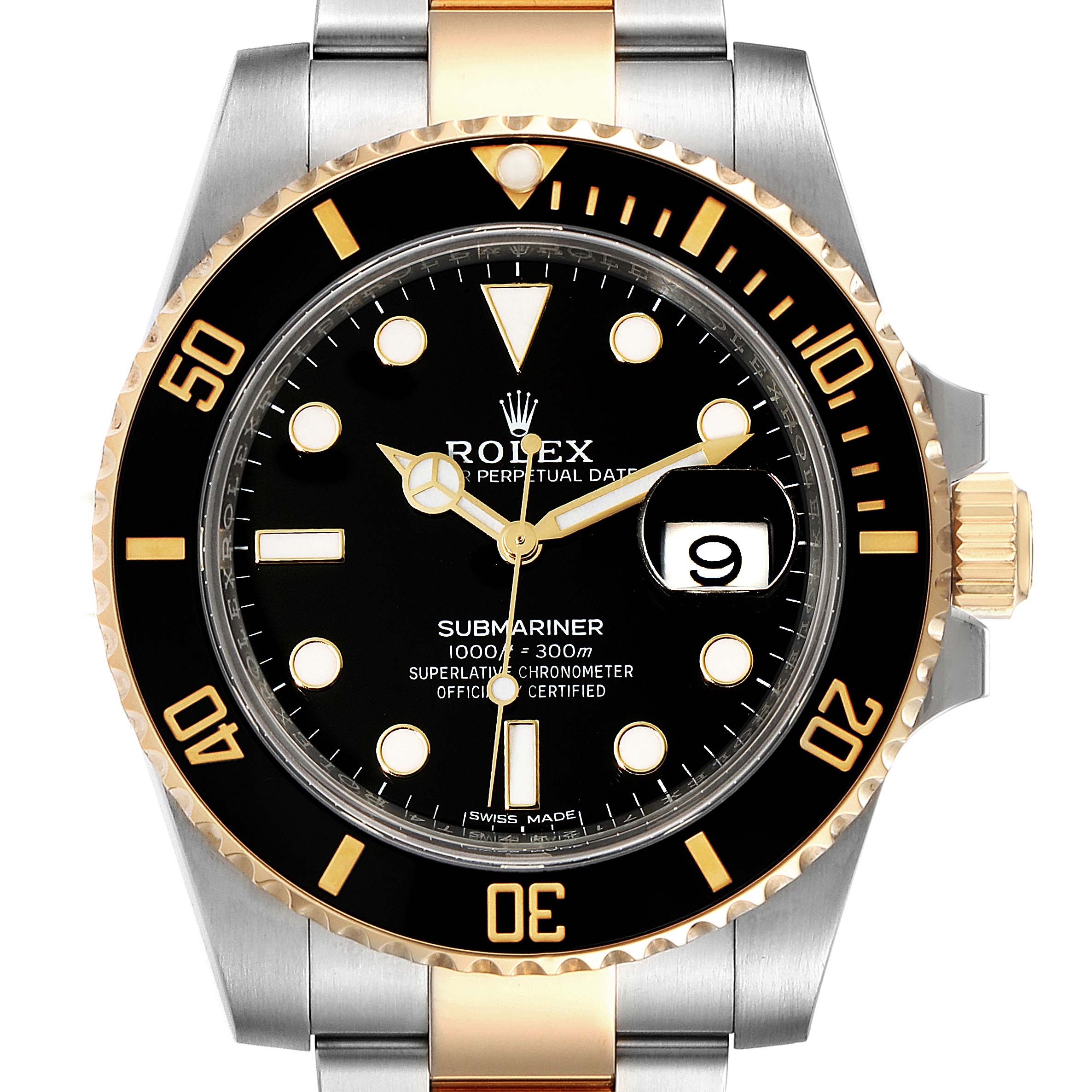 The Rolex Submariner 116613 Men's Steel and Gold (two tone) Black Dial 116613 Men's Steel and Gold (two tone) Black Dial watch is shown from the front, displaying its black dial, rotating bezel, and date function at the 3 o'clock position.