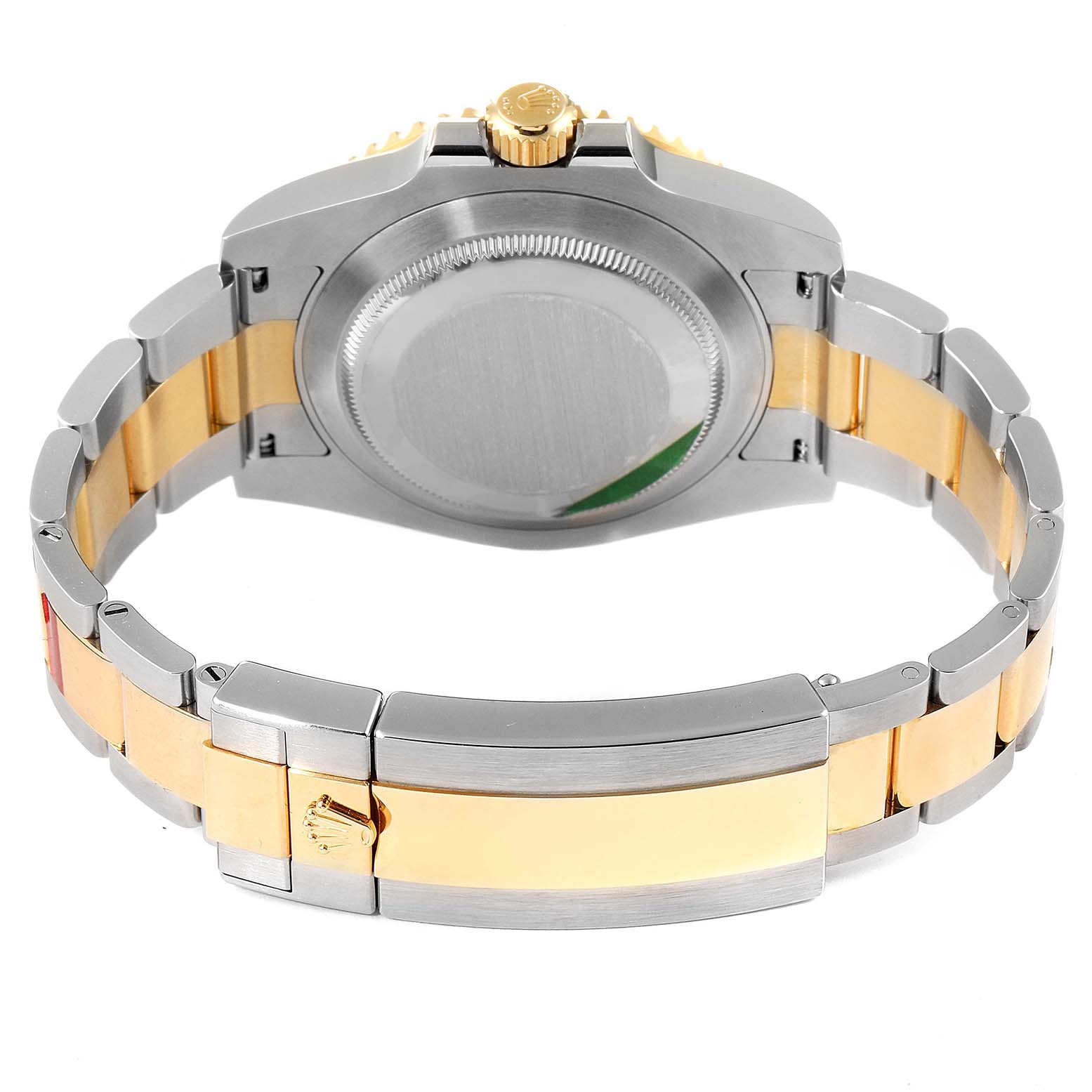 The image shows the back case and bracelet of the Rolex Submariner 116613 Men's Steel and Gold (two tone) Black Dial 116613 Men's Steel and Gold (two tone) Black Dial watch, highlighting its two-tone metal design.