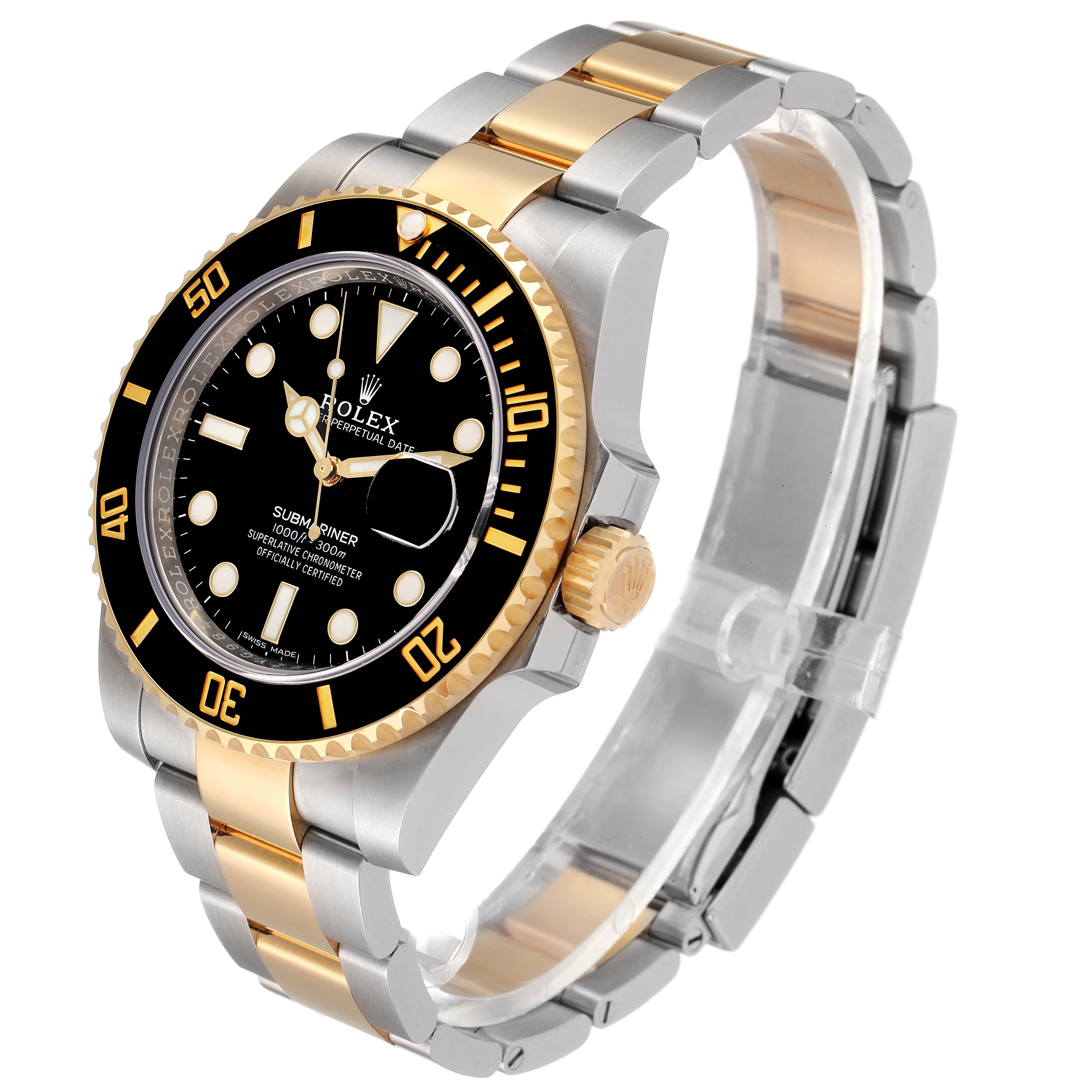 The Rolex Submariner 116613 Men's Steel and Gold (two tone) Black Dial 116613 Men's Steel and Gold (two tone) Black Dial watch is shown at an angle highlighting the dial, bezel, crown, and two-tone bracelet.