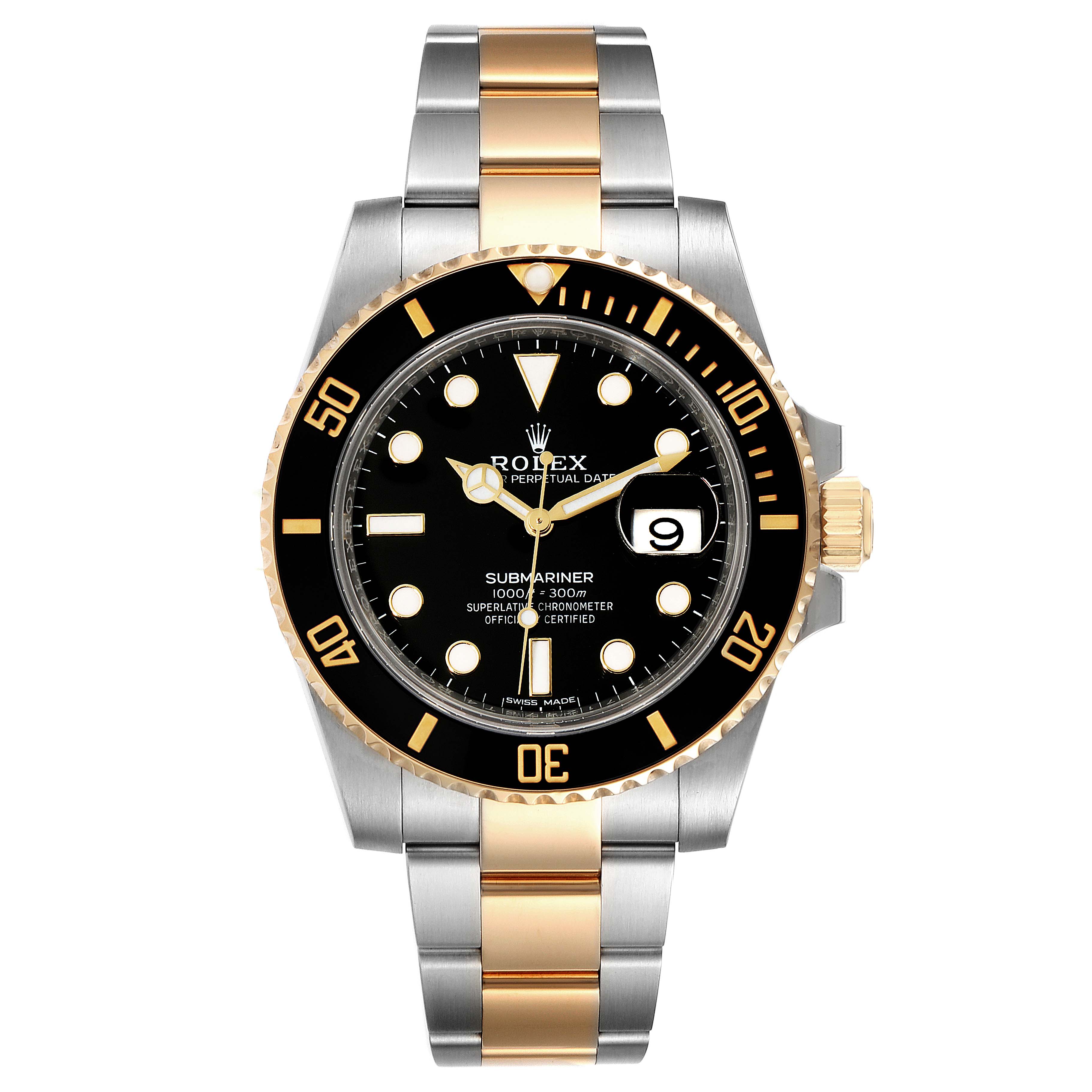 This image shows a front view of a Rolex Submariner 116613 Men's Steel and Gold (two tone) Black Dial 116613 Men's Steel and Gold (two tone) Black Dial watch with a black dial, gold bezel, and two-tone metal bracelet.