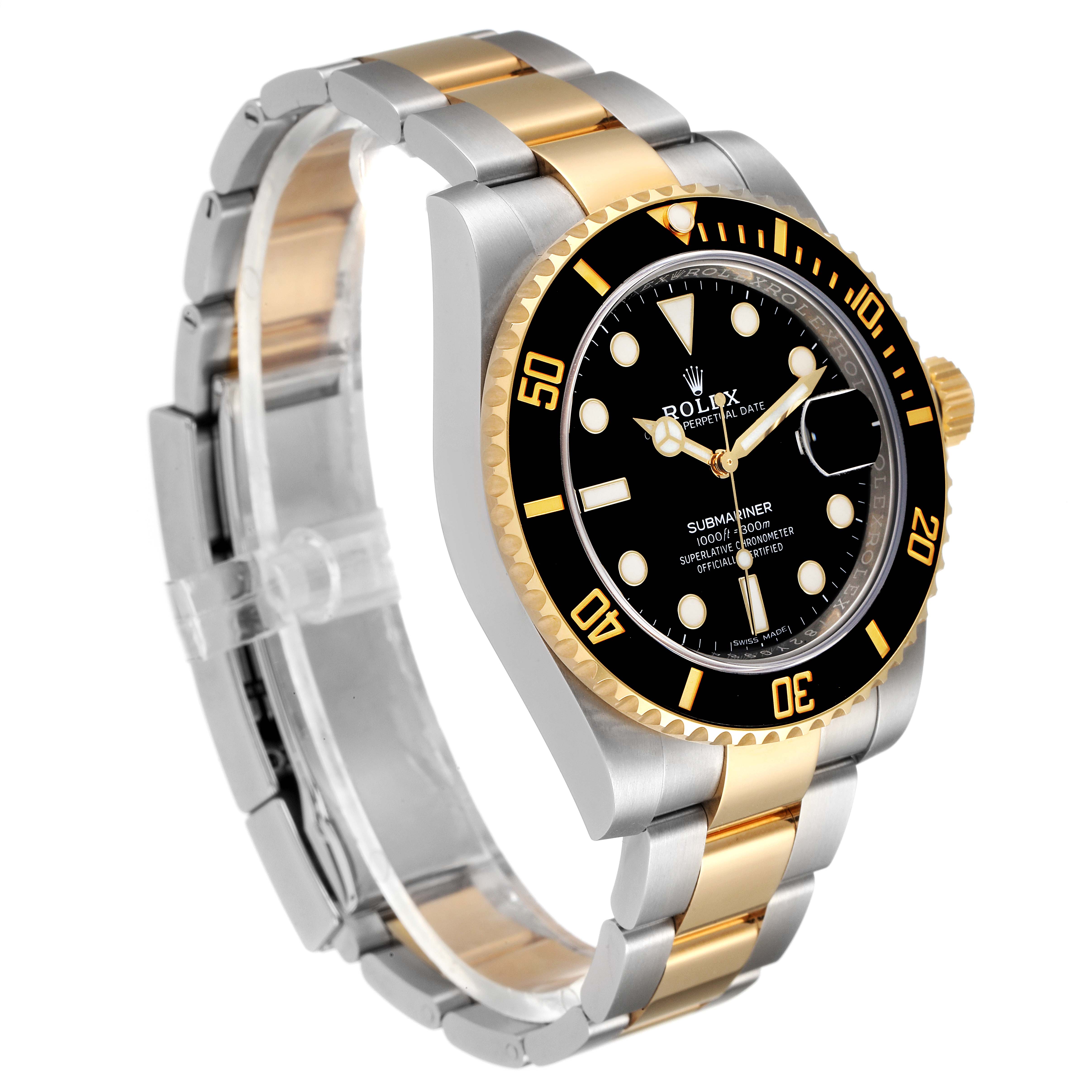 The image shows a Rolex Submariner 116613 Men's Steel and Gold (two tone) Black Dial 116613 Men's Steel and Gold (two tone) Black Dial watch at an angled view, highlighting the bezel, face, crown, and bracelet.