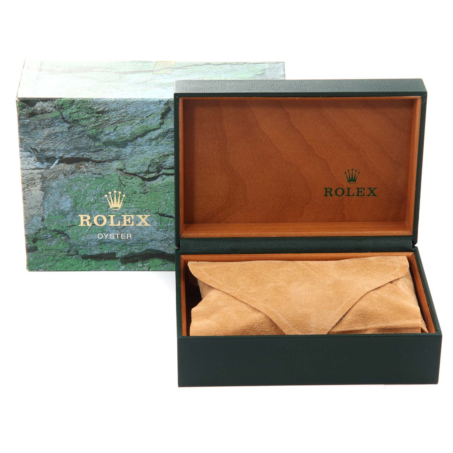 The image shows a Rolex Turn-o-Graph 16264 Men's Stainless Steel White Dial 16264 Men's Stainless Steel White Dial watch box, both outer and inner boxes, with a suede pouch inside.