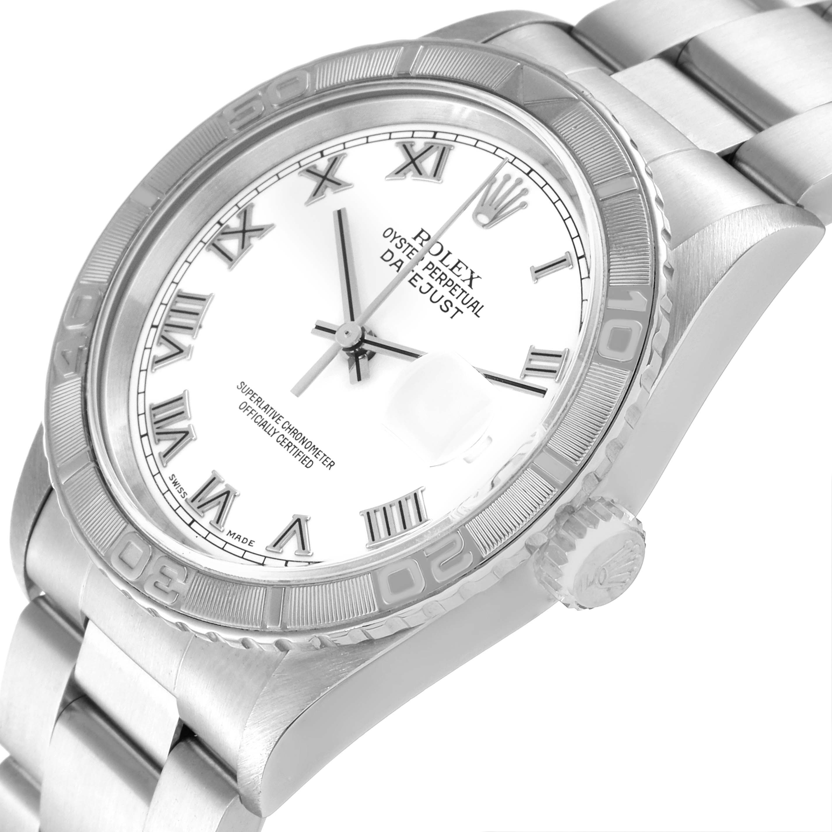 The image shows a close-up view of the Rolex Turn-o-Graph 16264 Men's Stainless Steel White Dial 16264 Men's Stainless Steel White Dial watch, highlighting the watch face, bezel, and bracelet.