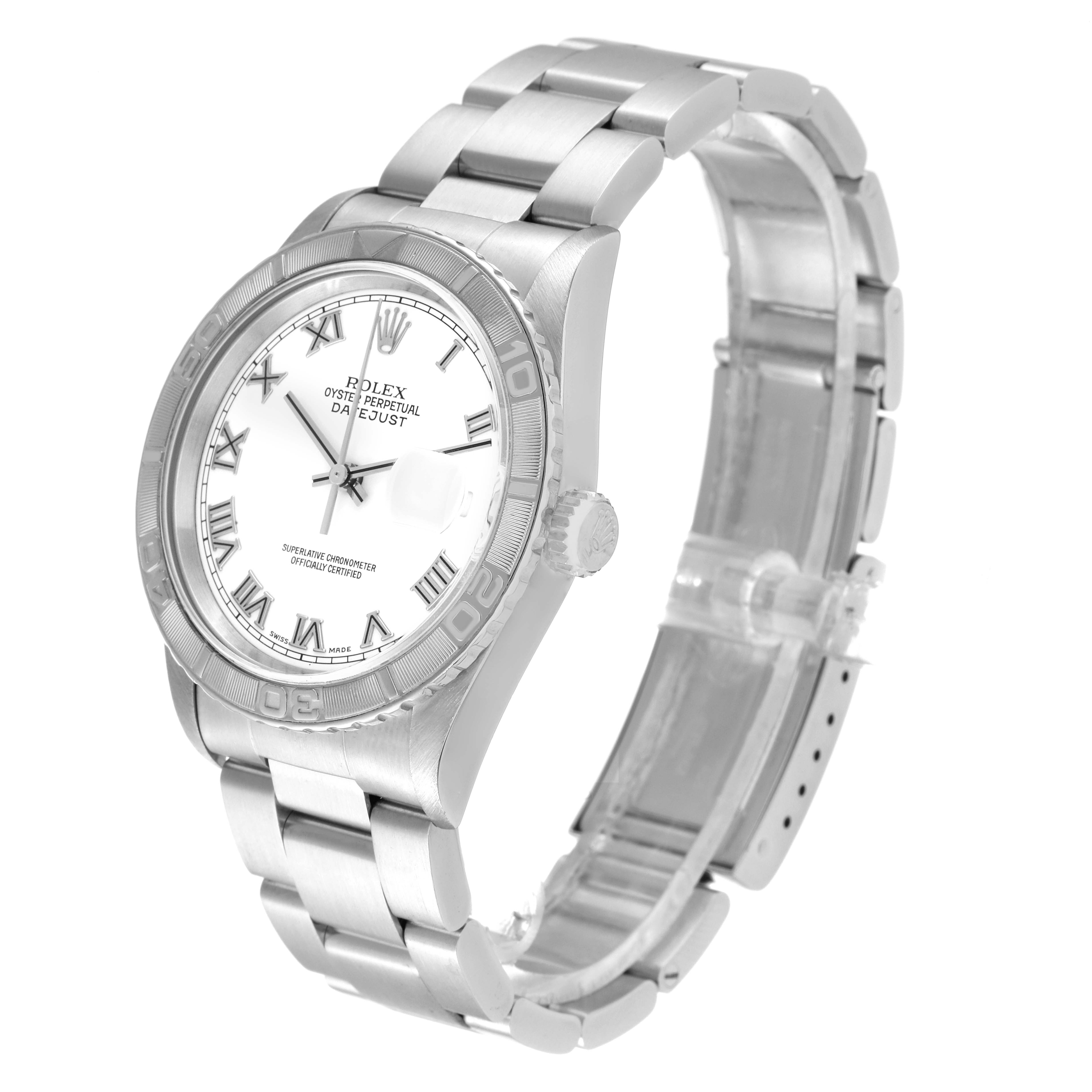 The Rolex Turn-o-Graph 16264 Men's Stainless Steel White Dial 16264 Men's Stainless Steel White Dial watch is shown at a slight angle highlighting its face, bezel, crown, and stainless steel band.